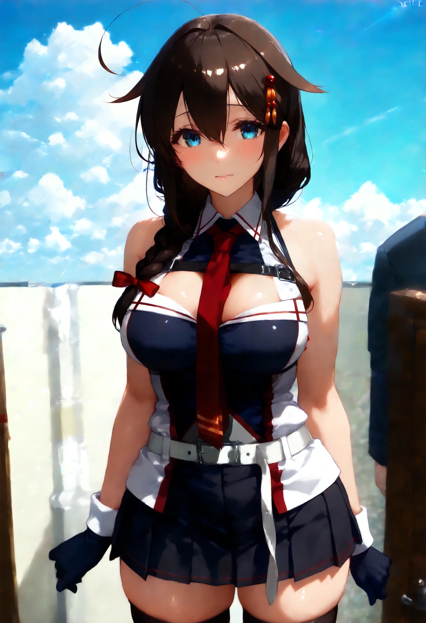 Sigure_Kaizo_kantai collection, KanColle_Shigure, KC,score_9, score_8_up , score_7_up , 8K high resolution ( very detailed ), masterpiece, ( best quality ) animated illustration, detail eyes, detailed face detailed hands thin hair very detailed本文 、 fine skin one girl , long hair、brown hair、 hair ornament、 、 pleated skirt、black、 black high socks fingertip gloves 、 black skirt 、 sleeveless shirt、 single braids、red tie、two-tone shirt、 shoulder hanging hair 、 hair flap、White Belt (chest) a gentle expression Blue sky background