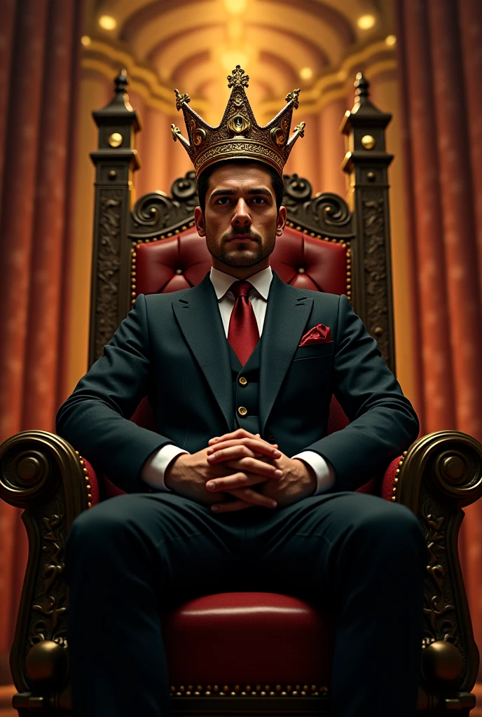 men wear red suit. 22-27. sitting on sofa with one leg on other leg.  hand cover half of face with sharp gaze. dark background with wide window. night view. crown at his head