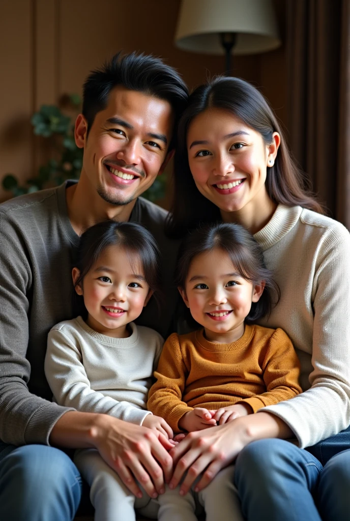 A happy family of three smiling together. The family includes a father, mother, and . They are standing close to each other, with warm expressions on their faces. The background is a cozy living room or a sunny outdoor setting, emphasizing a sense of joy and togetherness.