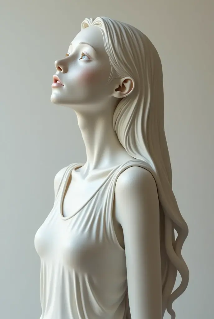 ((statue)), ((made of latex)), (masterpiece, ultra quality, high resolution, 8k, intricate: 1.2), (detailed face:1.2), handsome, woman ,white skin, double eyelids , detailed skin, 1woman, ((realistic)), abs, good lighting qualify, ((pale skin)), busted, (sweat:1.3), low angle, lust face