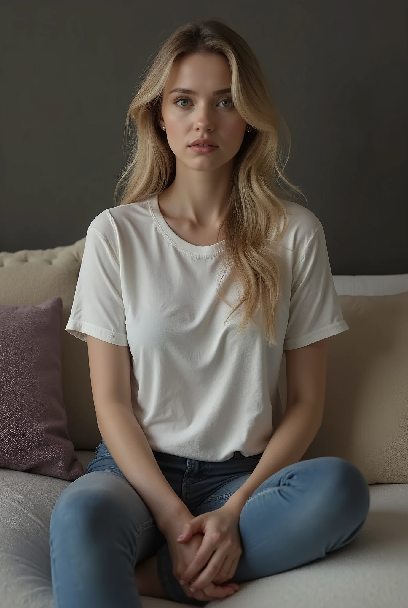 Beautiful blonde with very long hair sitting on couch crying wearing a oversized T-shirt