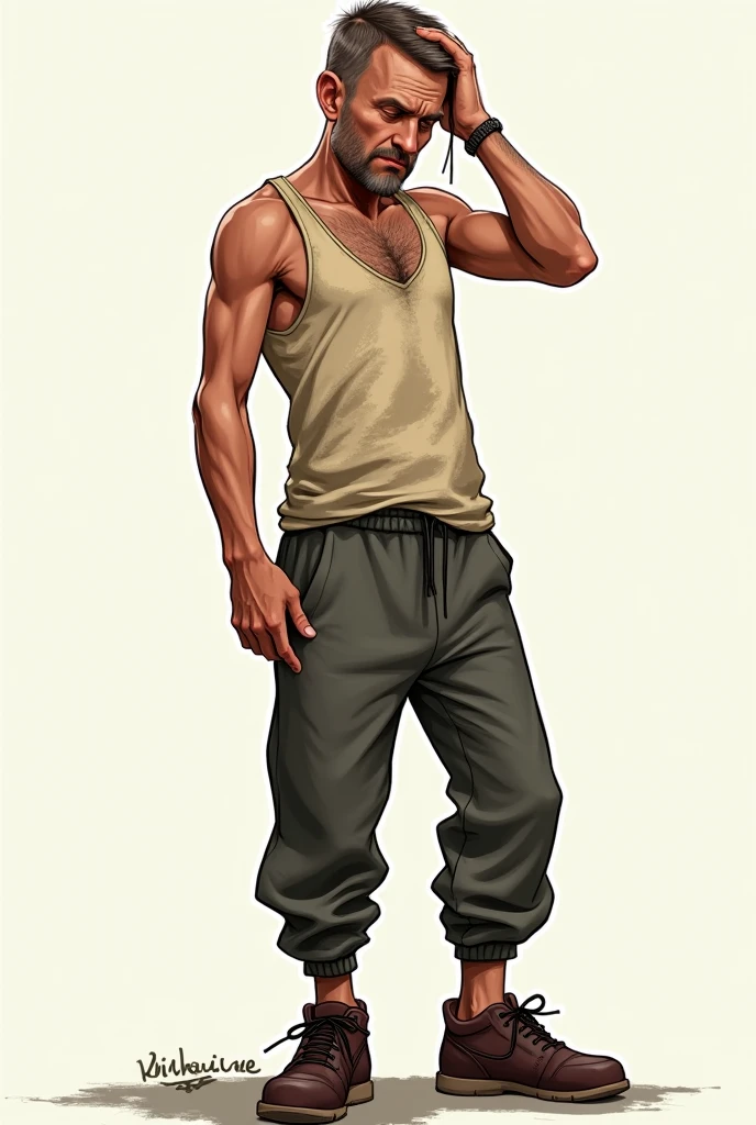 ( tabletop RPG character icon ) A 2 man with a medium beard and 1,65 tall, short hair and wearing a black tank top and white baggy pants and also wooden slippers similar to those of a ninja in Naruto, charismatic and defined, but not with much muscle