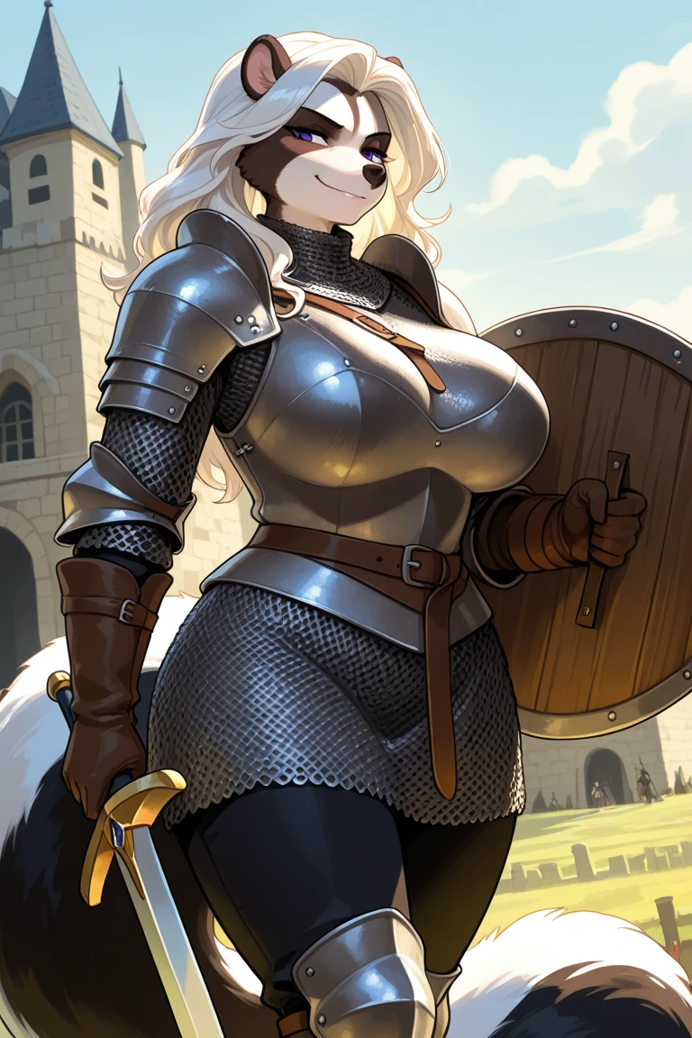 Mature tall WOMAN, large breasts, hourglass figure, skunk furry, chainmail, smirk, holding sword and shield, medieval castle background