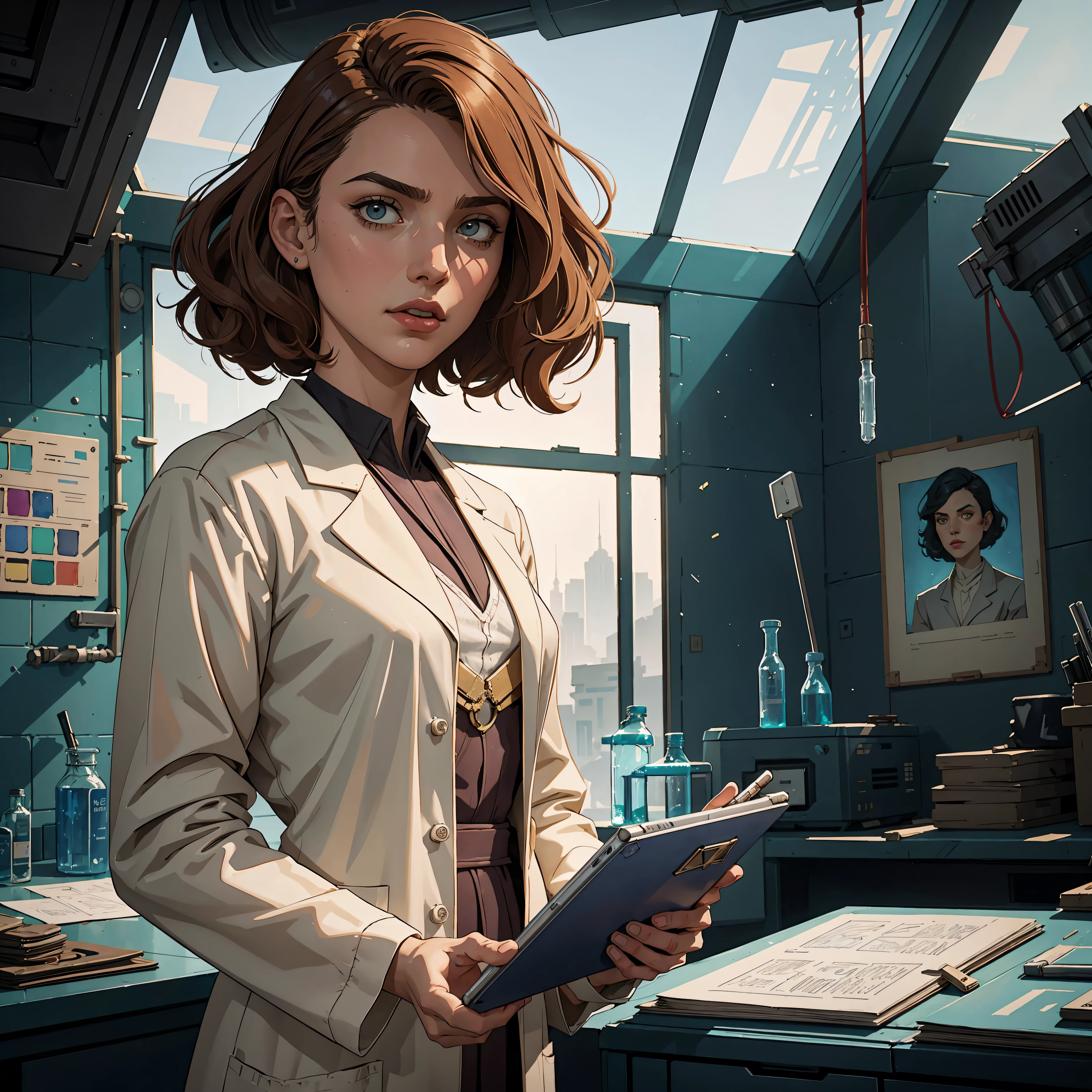 marqual, young female character in a scientist lab coat and holding futuristic tablet, medium length curly bob hair, Watercolor expressionist, disco elysium, dishonored, concept art style, dave mckeans, Warren Ellis and illustrated by Ben Templesmith, standing in a brightly lit modern white tiled sterile sifi-engineering lab with large windows showing a daytime city skyline outside, sunlight through windows, ((upper body portrait))