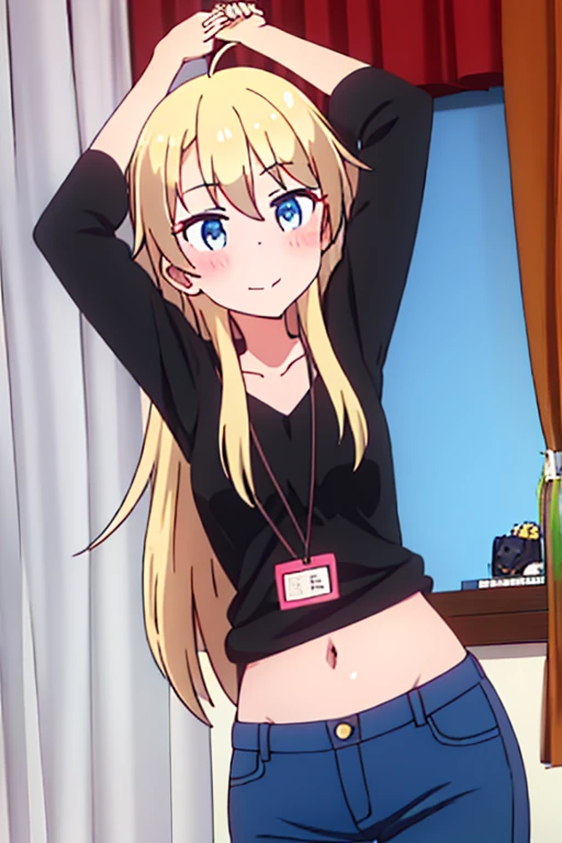 work of art, best qualityer, high resolution, hair blonde, long hair, blue colored eyes, 1 girl, standing alone, eyelash, sleeveless, bangss, clavicle, bare arms, black tee, white fund, 正面, No scenario, gazing at viewer,trunk, visualizador de 正面, solid color fund, clean fund, De 正面 para a câmera, high resolution, calm and expressionless face, fund branco, looking away, Simpler_fund