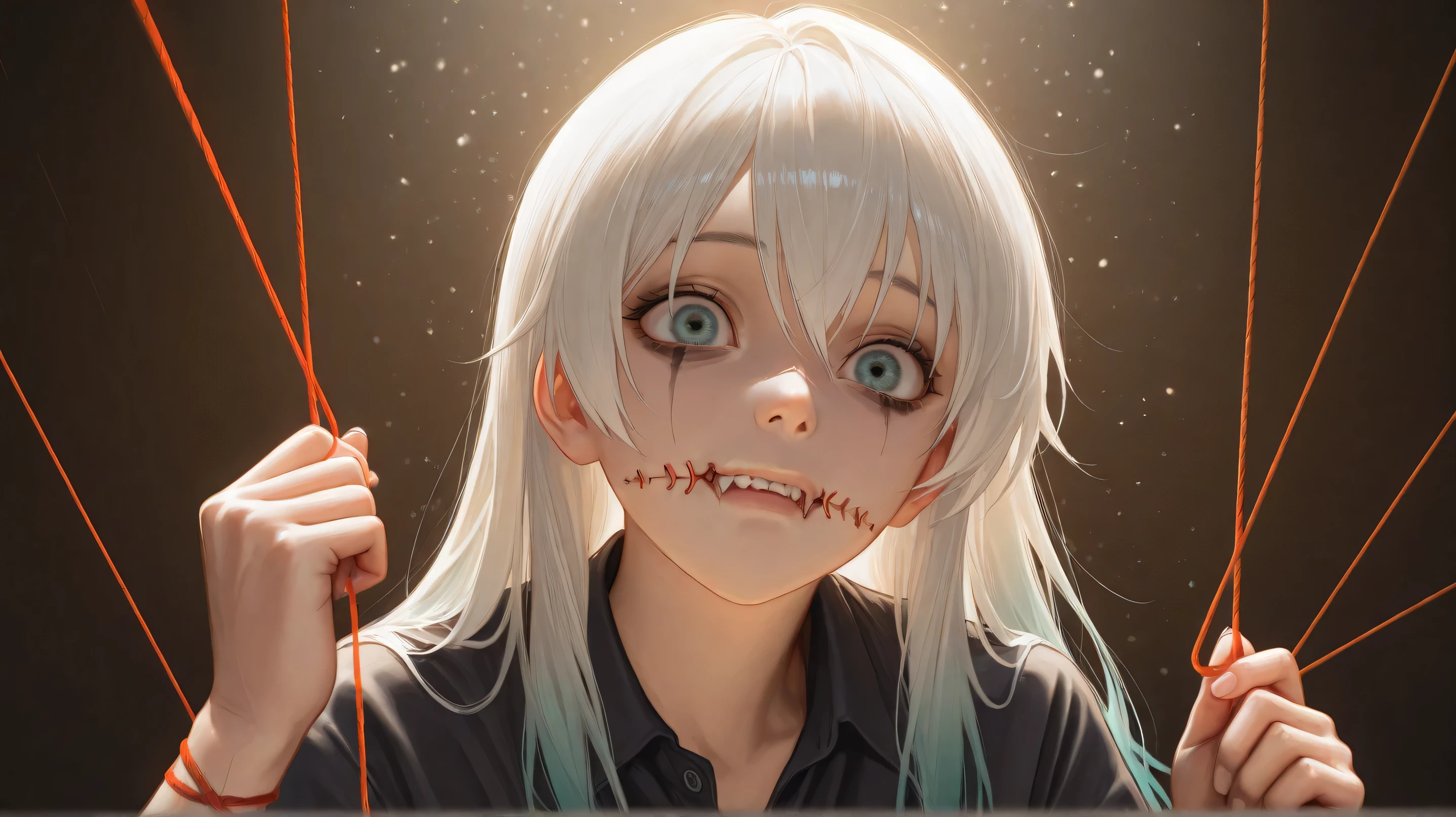 masterpiece,Highest quality,
//////////////One girl,alone,sharp teeth,teeth,Braiding,twin Braidings,Open your mouth,Grey Hair,View your viewers,Purple eyes,Long Hair,Horror \(theme\),Blood,Long sleeve,Upper Body,shirt,smile,
//////// ,