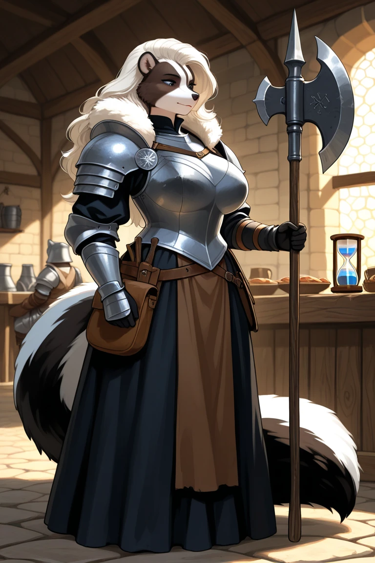Mature tall WOMAN, large breasts, hourglass figure, skunk furry, plate armour, holding hallberd, medieval village background