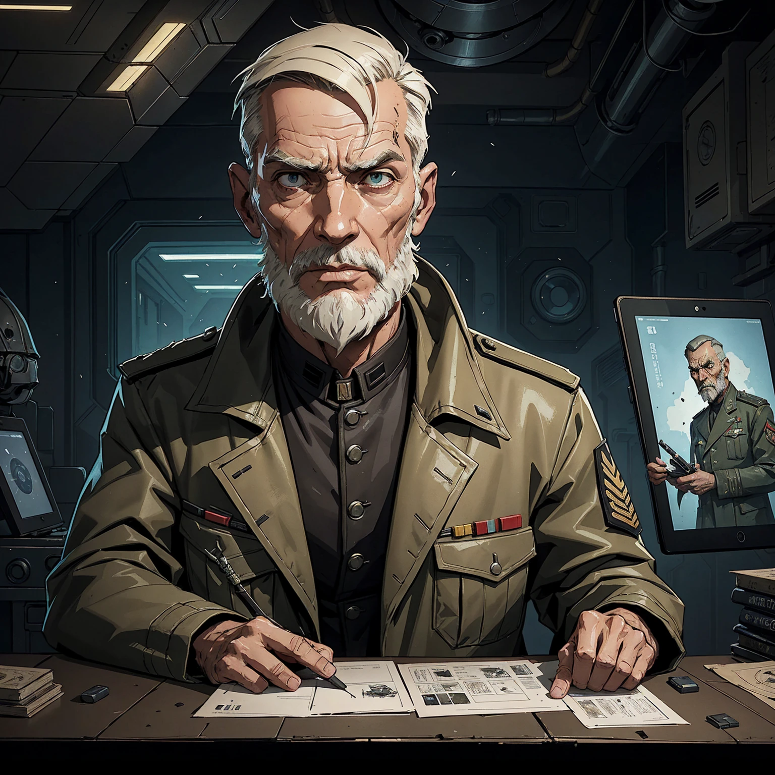 An elderly man dressed as a commander (1.5) with a very shocked expression with his mouth open, and the background is a large combat command with many large screens
