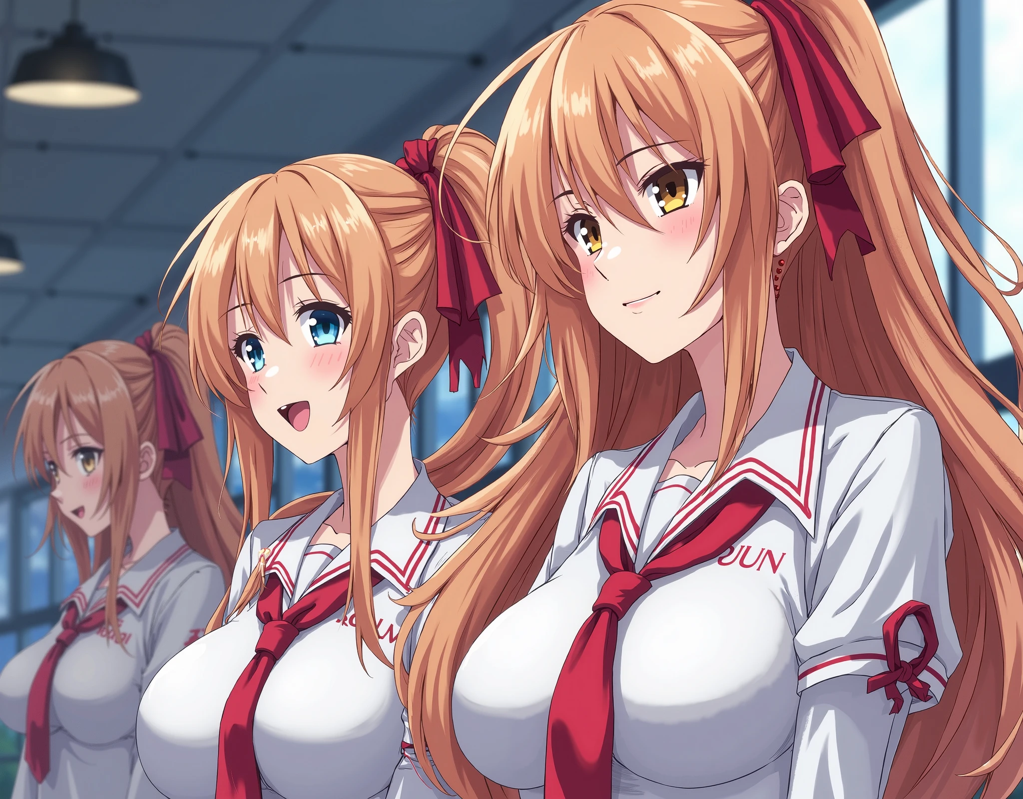 Asuna, ((masterpiece)), High resolution, Asuna、 Bright orange hair, ((Molester on the train))、Embarrassed face、Sweating all over the body、vapor、high school girl, Hold in your pee、Cum in my bra、Cum in panties、lump of semen