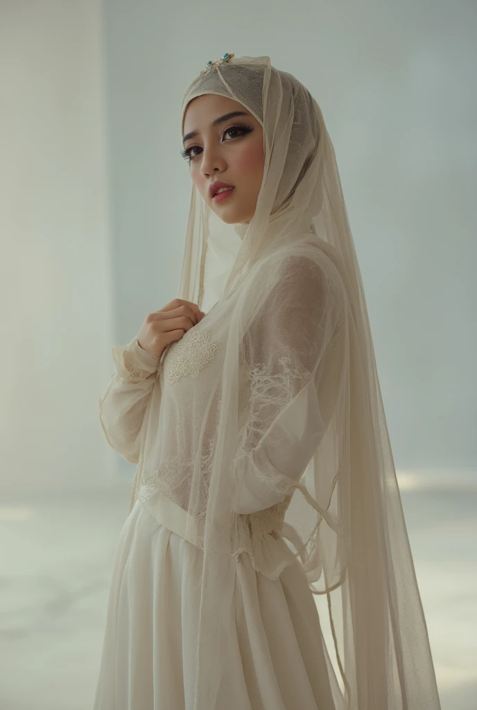 20 years Old, Long hijab Korean mature woman, Big  : 66.9, long white patern gamis, big breast: 1.9, at doctor office, Dim light, at photo studio, helf body few