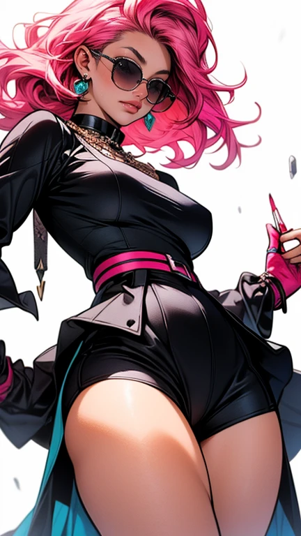 (masterpiece:1.2, best quality), (dinamic lighting) 1lady, solo, short hair, big breasts, (shiny skin:1.2), upper body, glasses, modern, wavy pink hair,pink Suspenders, flower on ear, harajuku style, hair pin, loli ,ahoge