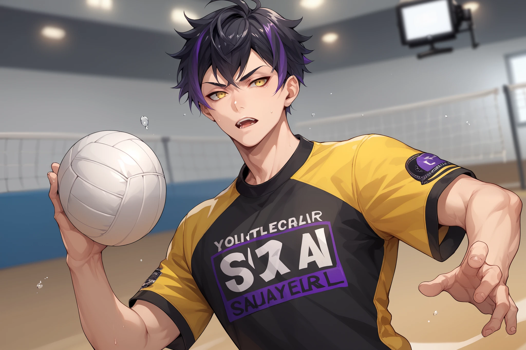 Anime man with thin black hair, yellow sharp eyes, emotionless and cold personality. Has one purple highlight, solo, playing volleyball, midair jump, in action, blurry background, camera angle