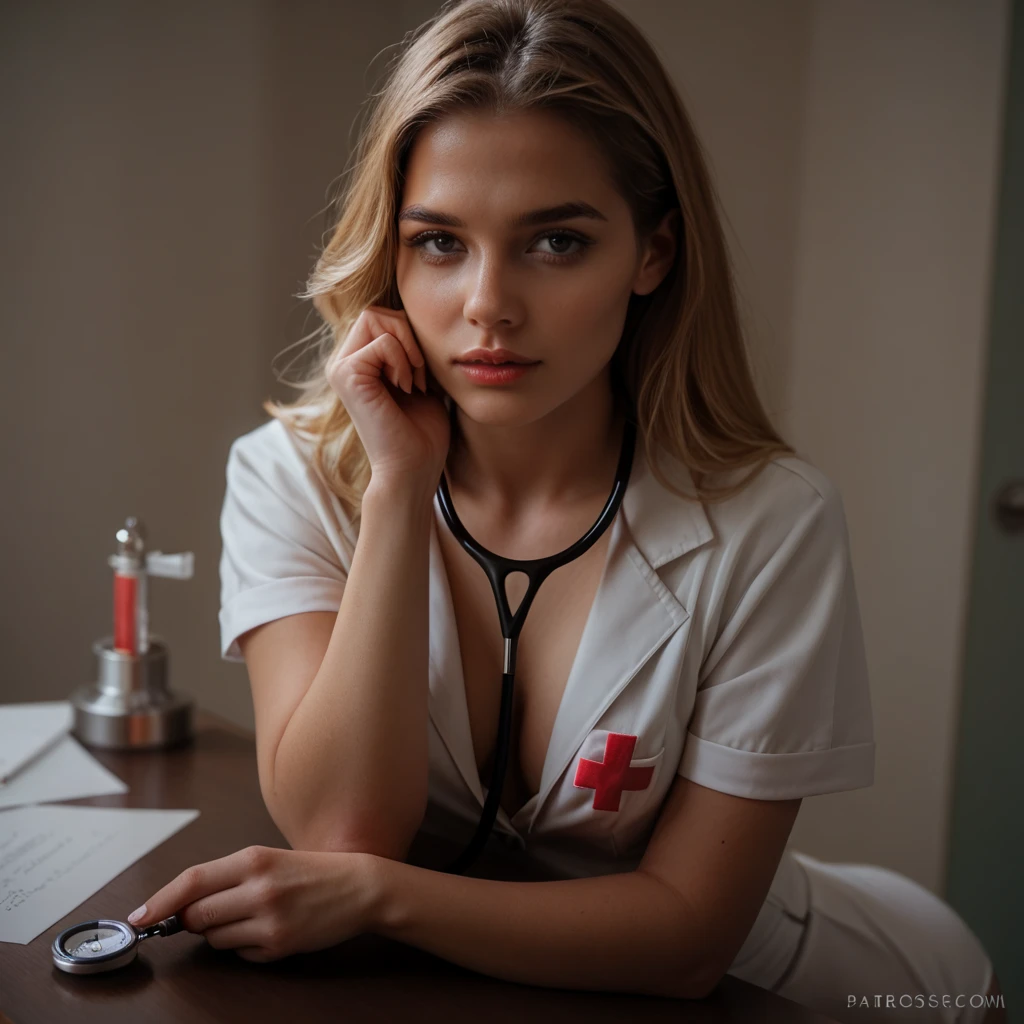 (masterpiece, photorealistic:1.4, extremely intricate:1.6), (photon mapping, radiosity, physically based rendering, ultra resolution, hyper-realistic, photorealistic:1.4, hyper-realistic, 8K, rtx), ((twenty years old [skinny:supermodel:0.5], (teenage girl, ((sharp cheekbones), humid, glisten, closeup portrait, (white polyester nurse jacket, white labcoat, unbuttoned, open)), long straight [brown hair:blonde hair:0.4], [medium breasts:large breasts:0.8], [brown eyes:clear eyes:0.5]), blue latex gloves), red cross) Fantasy, BREAK, (((bedroom, bed, dim, shadows, smirking, sideye)))