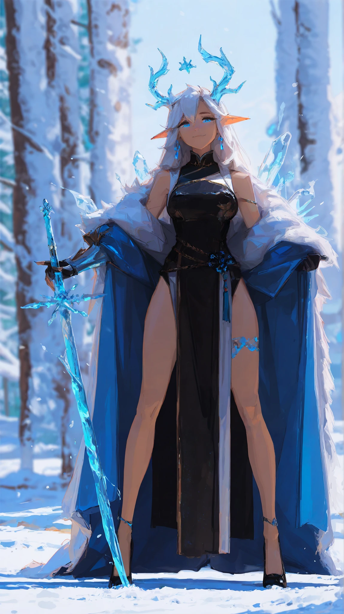 (96yottea:1.2), (kan liu \(666k\):1.1), flat color, :
“A powerful and ethereal ice goddess standing in a frozen, snow-covered forest. She has piercing glowing blue eyes and long flowing white hair, crowned with an ornate ice tiara. Her armor is intricately designed with frost-covered details, resembling ancient Nordic patterns, and is adorned with fur and icy textures. Her expression is fierce and commanding, exuding the presence of a mythical warrior queen. The atmosphere is cold and mysterious, with soft snowfall and mist surrounding her. The lighting is dramatic, highlighting the shimmering ice elements on her outfit. The overall style is hyper-realistic with a dark fantasy aesthetic, resembling a scene from a high-budget cinematic production.”