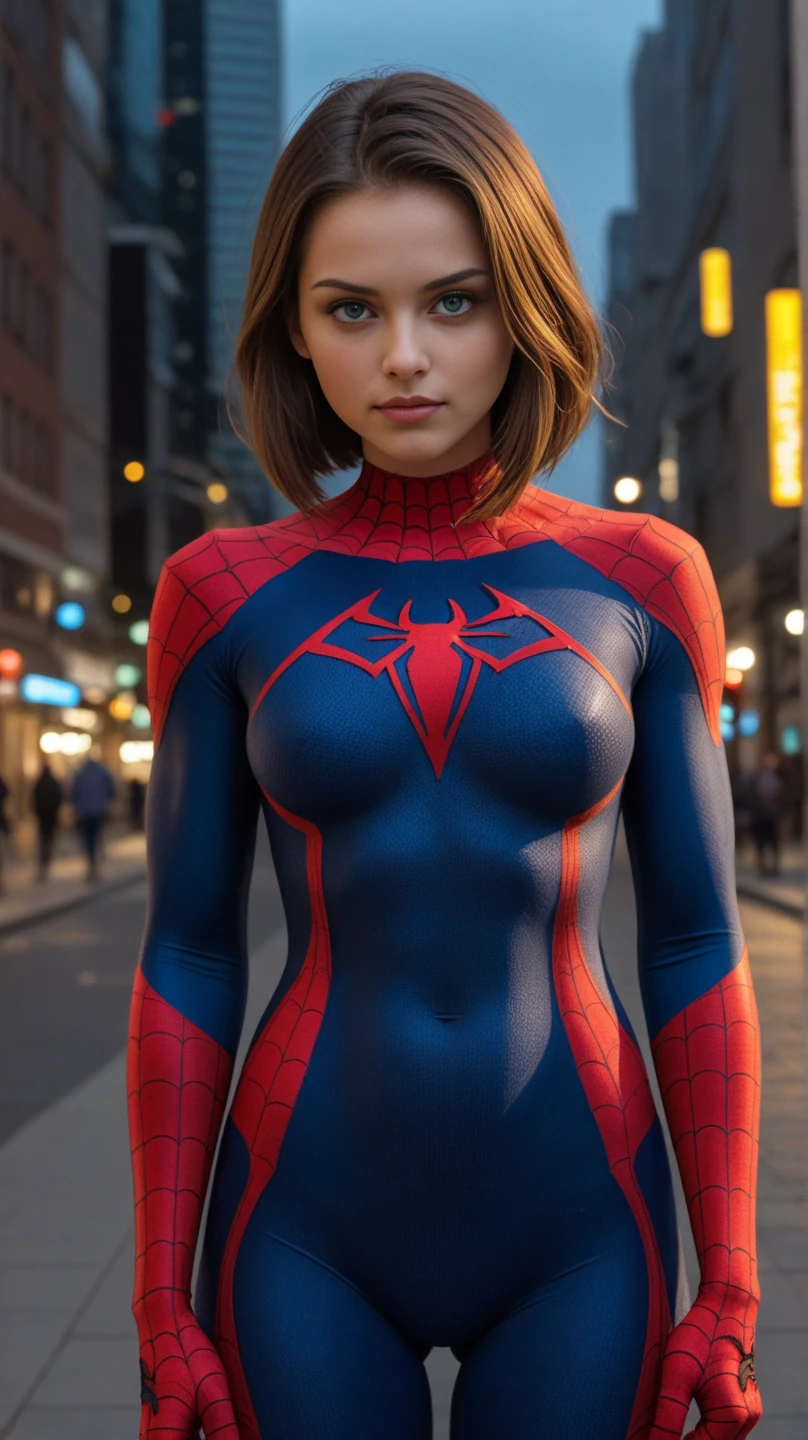 beautiful redhead, perfect face Chanel-cropped hair , camera with look. tabletop, the best quality, photorrealistic, ultra detali, detail, high resolution, 8 k wallpaper, proffesional, HIGH LEVEL OF DETAIL, High angle for latin women, light blonde hair, with a short and tight Spider-Man dress, Big bust with good shape, (looking straight ahead), (Look at viewers), Urban sidewalks, natural skin texture, soft cinematic light, foto RAW, chic, highly detailed, sharp focus, ((cinematic appearance)), soft shades, crazy details, details Intricate, Hyperdetails, low-contrast, Exposure Mix, nffsw, incolor, blue colored eyes, rubi, very sexy short spider man dress