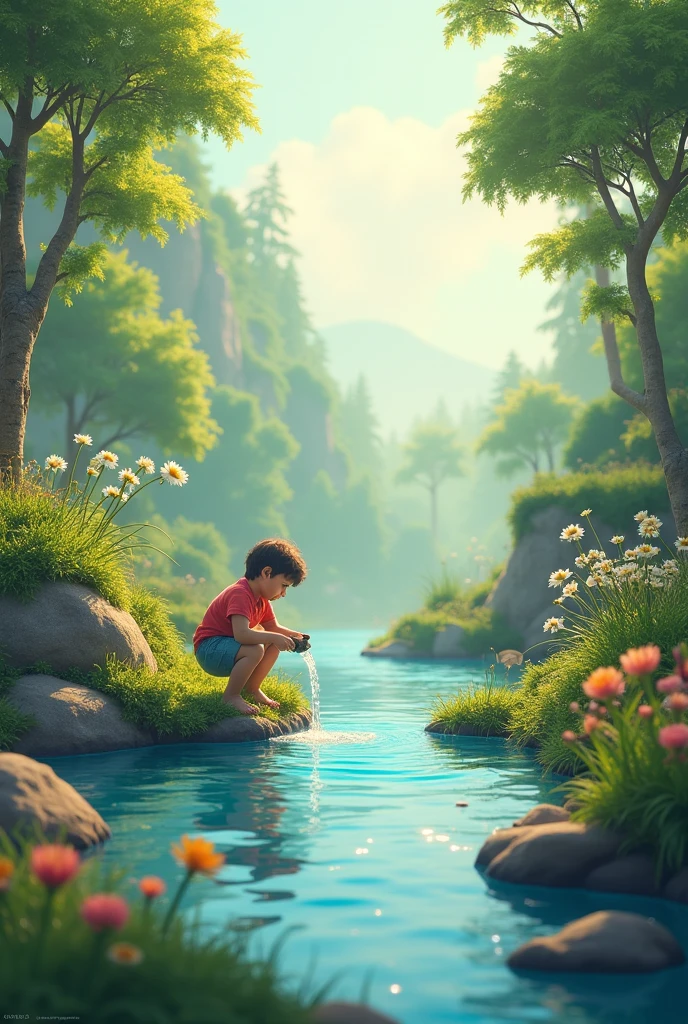 create a kid boy siting under the tree playing with animals a lake arround beautiful nature 3d cartoon 8k quality ultra realistic