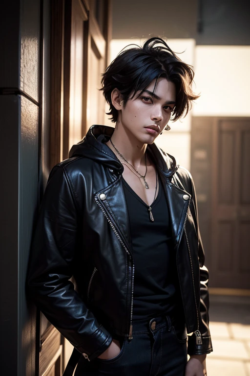 BOY WITH SHORT BLACK HAIR, AND WITH SILVER CHAINS ON THE NECK