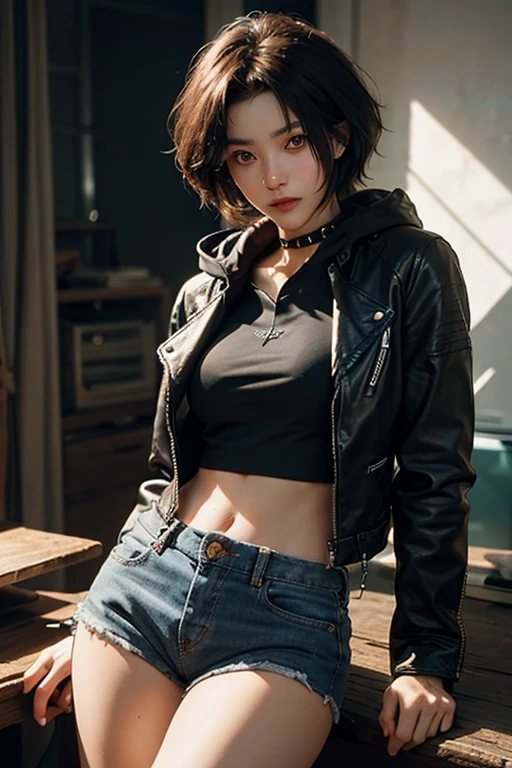 (masterpiece:1.2), (photorealistic:1.2), (best quality),((realistic:1.3)), (detailed skin:1.3), (intricate details), dramatic, ray tracing,finely detailed, quality,realistic lighting,large breasts,1girl,mamimi tanaka, asymmetrical bangs, blunt bangs, diagonal bangs, (purple eyes:1.1), purple hair, twintails,asymmetrical legwear, black legwear, black shirt, blouse, camouflage, camouflage jacket, earrings, jacket, (jacket partially removed:1.5), jewelry, mismatched legwear, nail polish, ring, see-through, (see-through shirt:1.5), shirt, shorts, thighhighs, torn clothes, torn shorts,,cowboy shot,smile,looking at viewer,(indoors,dynamic pose) <lora:epi_noiseoffset2:0.8> <lora:more_details:0.8> <lora:mamimitanaka-lora-nochekaiser:1>