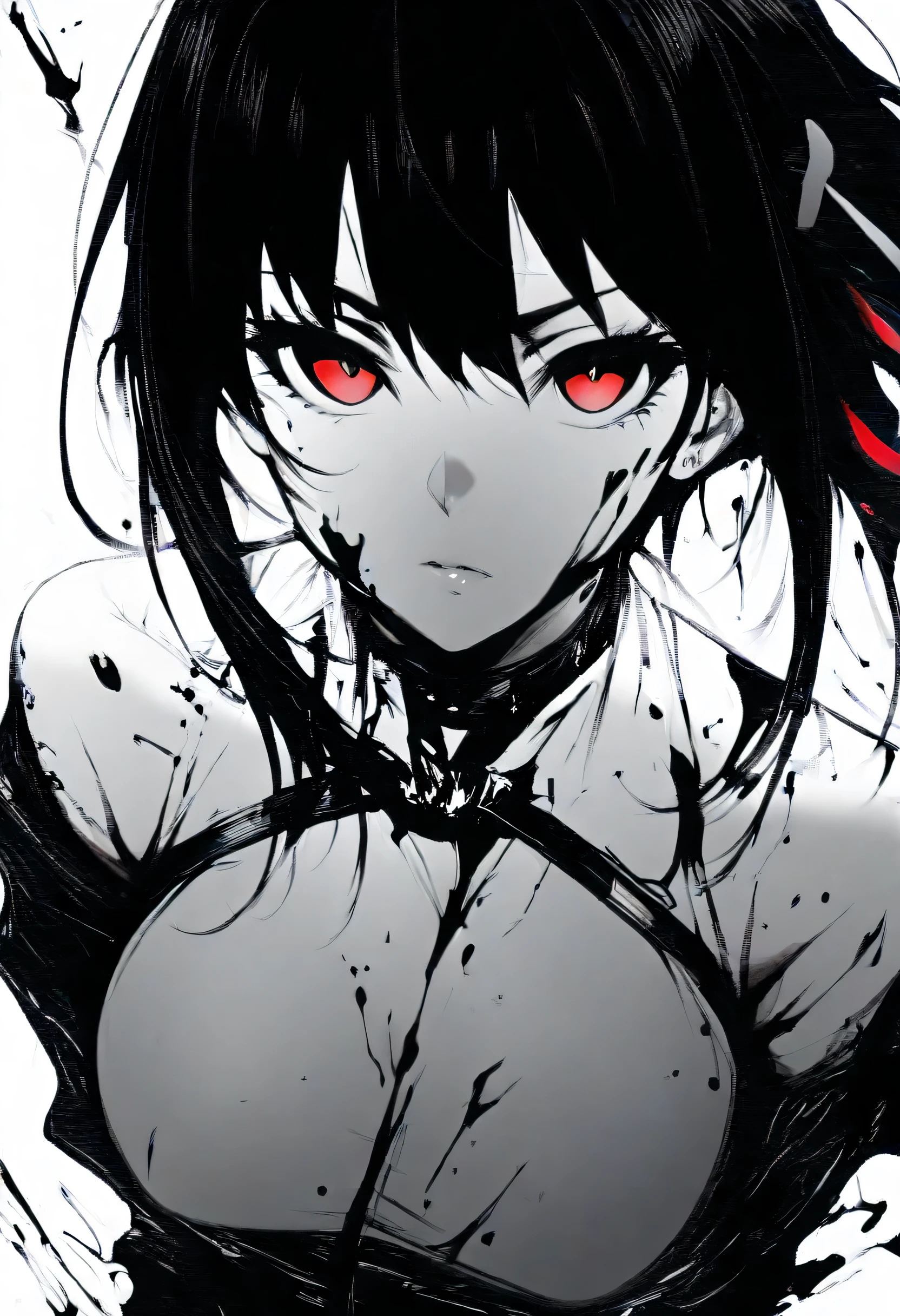 shampoo, fitness, muscular woman, sexy, beautiful, , red glowing eyes, gesugao, portrait, close up, greyscale, black and white