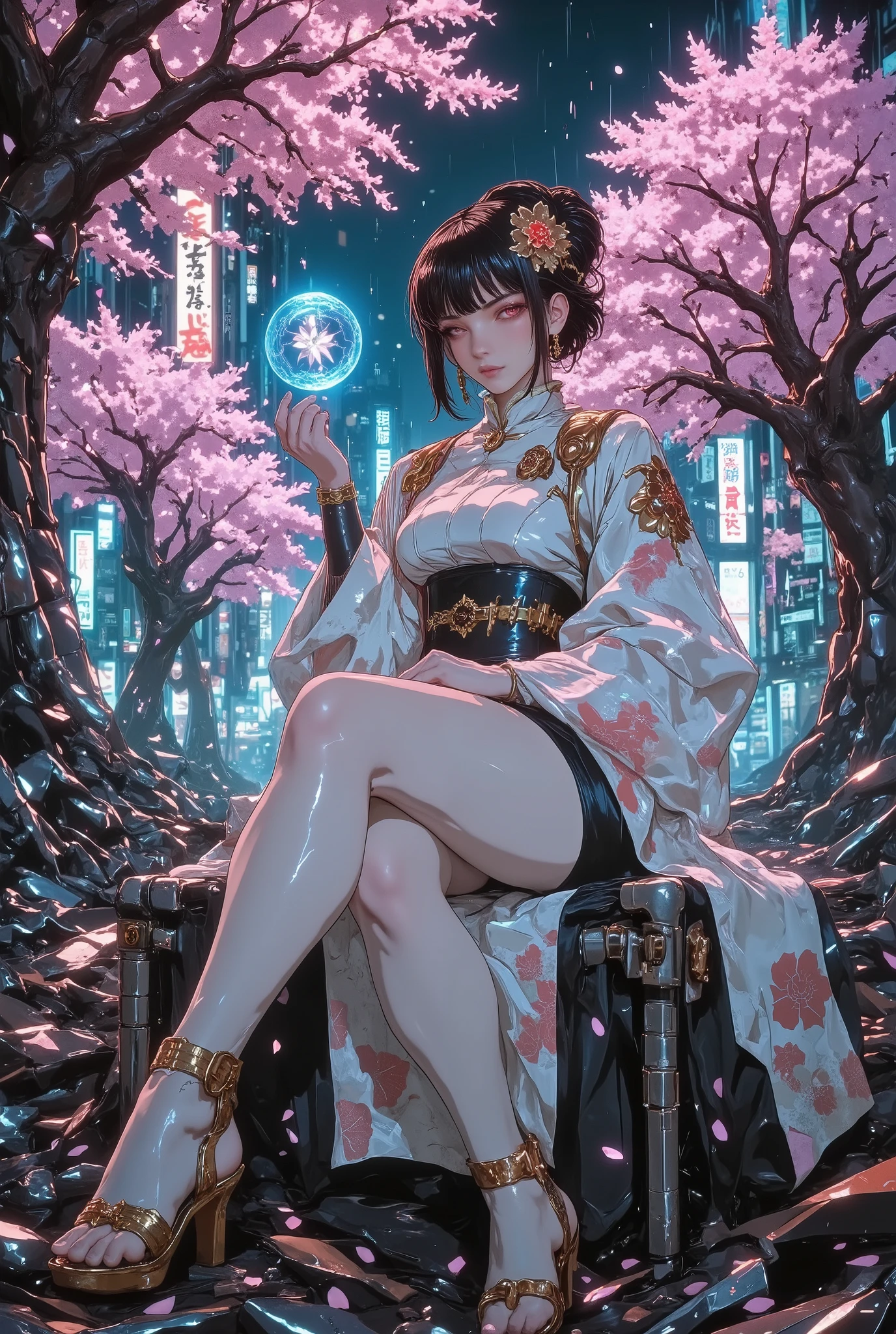 1girl ,sit cross-legged、 Mechanical cherry blossoms. Mechanical cherry blossoms. Cyber cherry blossoms.、sakuya hime,cowboy shot,Large cherry blossom trees 、kimono。skirt。 golden hair ornament 。cyberpunk。sandals。perfect anatomy。Woman sitting on a rubble chair。sit cross-legged。A blue magic sphere of light floats on my hand。The magic of regeneration、Magical Brilliance。 ruins at night、。Glowing dancing falling petals.、active angle。low angle。blue magic sphere。Contrast between the magic glow and the dimness of the night、Glowing dancing falling petals.
anime.XUER guangying.heroine、(masterpiece, detailed:1.2)、red eyes,G0thicL1nes、egmid,
,A large cherry tree.from below standing,from side ,side view,low angle,Woman leaning against cherry tree... .mini Skirt.foot focus,A cyberpunk reinterpretation of Konohanasakuya-hime, standing gracefully in the ruins of a neon-lit dystopian city. She wears a glowing high-tech kimono, blending traditional Japanese elegance with futuristic materials – semi-transparent fabric, luminous sakura-patterned threads, and chrome accents. Her long sleeves flutter with holographic petals, and her obi belt is embedded with circuit-like designs. Her hair is styled in an elaborate traditional updo, adorned with metallic sakura-shaped kanzashi. Around her, cherry blossoms bloom from piles of metal debris. Neon signs flicker in the background, reflecting off rain-soaked chrome. Pink petals drift through the air, creating a soft contrast to the cold urban wreckage. Cinematic lighting, volumetric light, atmospheric perspective, depth of field, 4K ultra-detailed.Gold hair ornaments、hand,beautiful eyes、(masterpiece, detailed:1.2),modernretroanime Anime c.anime art,cyberpunk ,, dimly lit night. Contrast between the woman and the dimness of the night. c.anime art,cyberpunk ,, dimly lit night. Contrast between the woman and the dimness of the night. Anime.XUER guangying.heroine、(masterpiece, detailed:1.2)、red eyes,modernretroanime、 Anime