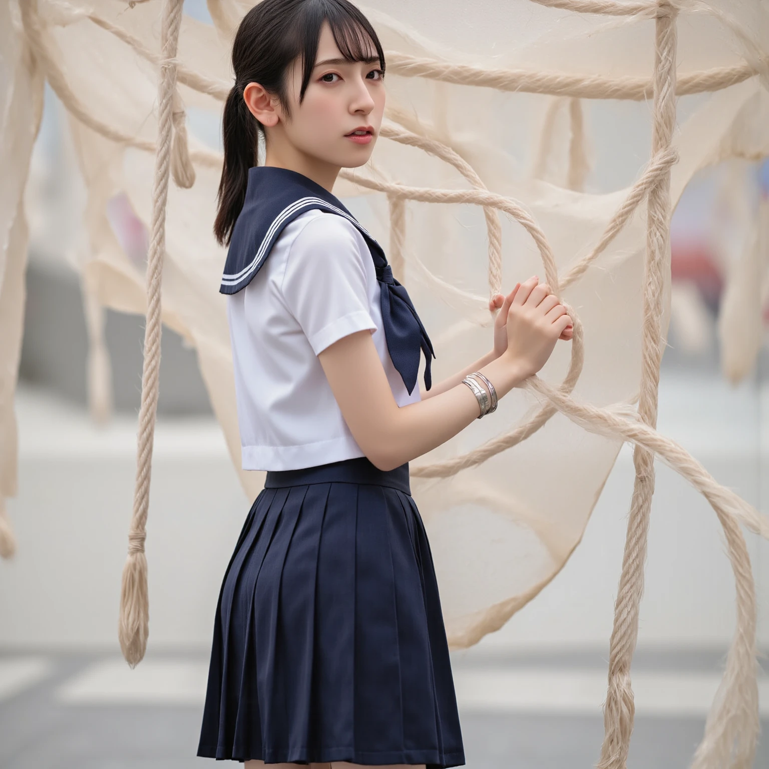 (top-quality, 32K, masterpiece, nffsw:1.2), (Raw photography), (realisitic), (Photorealsitic:1.2), (hight resolution), Women in Japan、18year old,Idol、 ultra-detailliert, extremely beautiful face and eyes, 1girl in, (running:1.5), infp young woman, Idol, big breasts thin waist, huge-breasted, slim proportions, (student clothes,High School Sailor Uniform, Dark blue pleated skirt、satchel), (perspiring、Fluttering hair), School route,morning、
