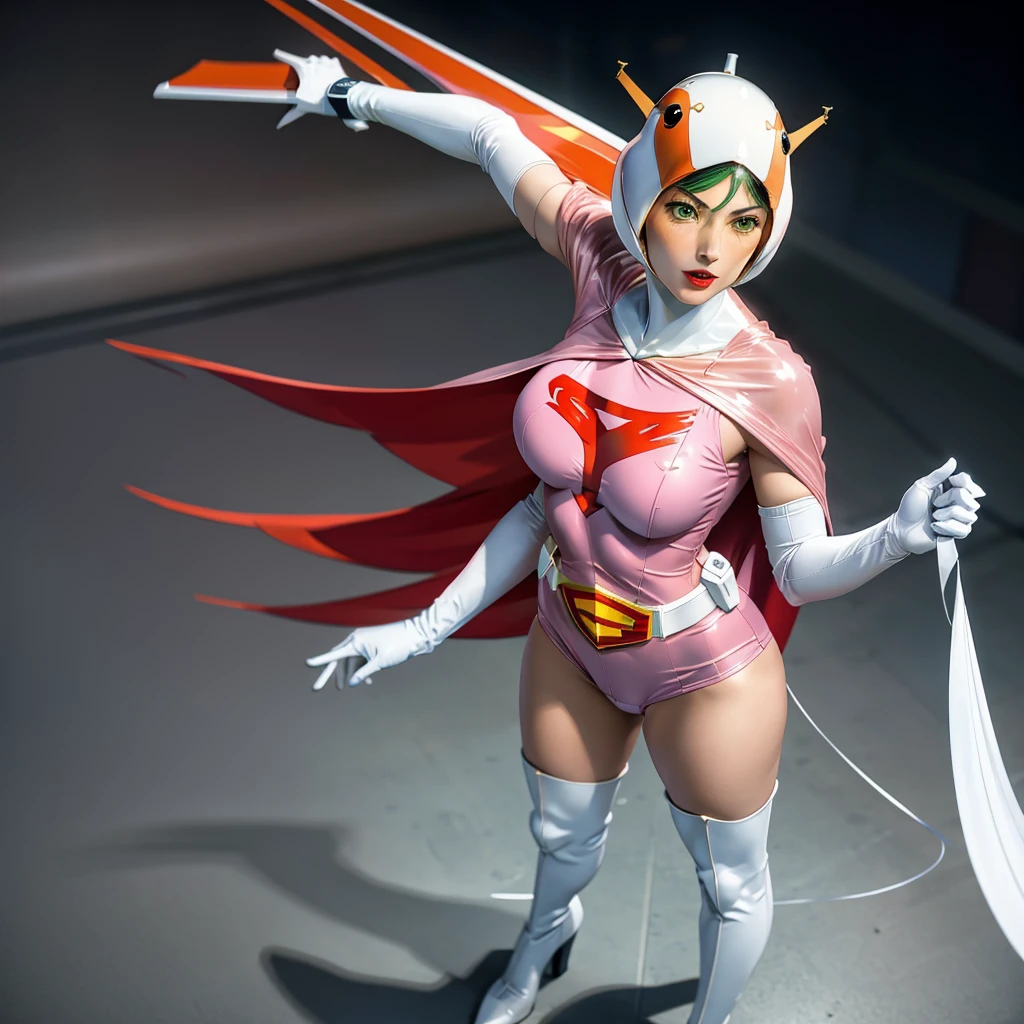 ANI_CLASSIC_jun_gatchaman_ownwaifu,1girl, 15 years old,good anatomy, masterpiece, best quality,realistic, hyperrealistic, 16k hdr,breasts,green eyes,lips,large breasts,lipstick,makeup,gloves,cape,helmet,belt,elbow gloves,white gloves,mask,ultra miniskirt,leotard,spacesuit,white tight overknee highheels boots,pink dress,superhero,bodysuit,cleavage,erected nipples,((fighting poses)),cameltoe