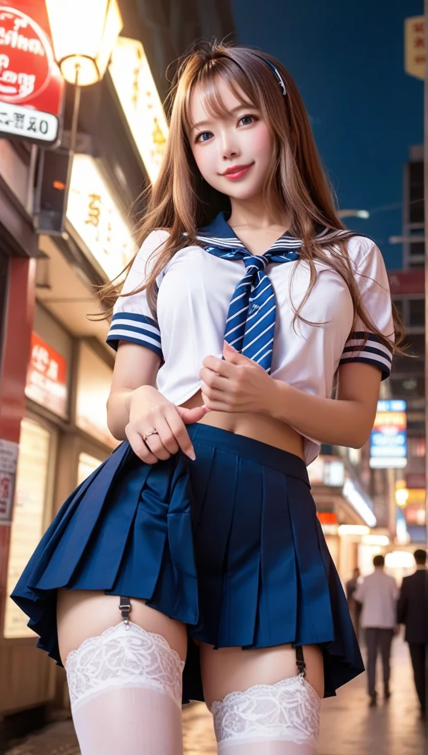     score_9,    score_8_    sideways  ,    score_7_    sideways  ,  dark and lonely street in the middle of the night、Blond blue-eyed girl２０歳のhigh 開襟シャツのschool uniformを着た少女、summer、Short sleeve、gal、 school uniform、gal、 The atmosphere is like a prostitute、 staring at the cameraman 、detail eyes、realistic eyes、 alone 、 is wearing garter stockings 、making a heart with her hands、composition from below