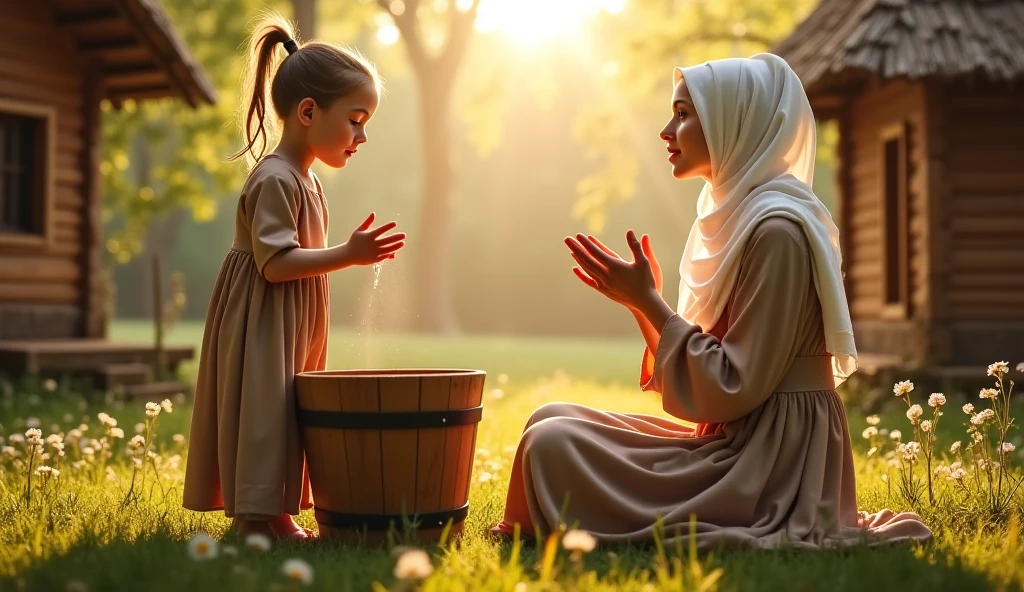 An image showing two interconnected scenes: at the top of the image you can see an individual who is deep in prayer, with a calm and concentrated facial expression. Soft light or light from above creates a spiritual impression in this moment. At the bottom of the picture, there is another scene showing individuals or groups of people giving zakat or alms to people in need. They with kindness and compassion provide assistance to the poor or orphans. Their facial expressions show a sense of happiness and satisfaction in helping others. The background can be an urban or rural environment which strengthens the impression of social goodness and concern for God's rights and human rights. Warm natural lighting or soft light adds a touch of spirituality and warmth to the photo.