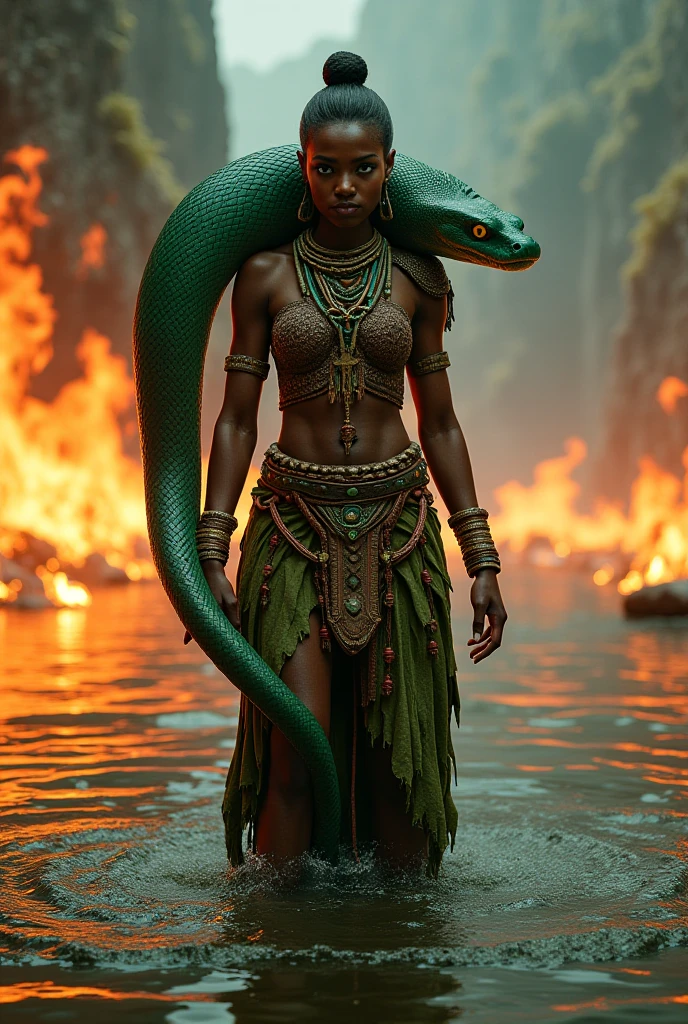 Black woman with braids and tattoos standing in front of big snake thats trying to protect her