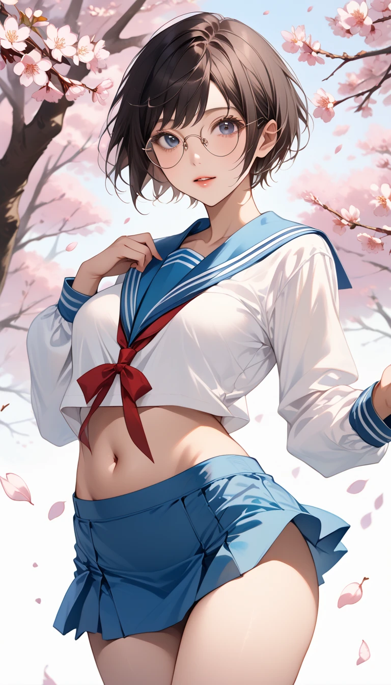 highest quality、High resolution、detailed background、cute10代の少女、(two women:1.5)、brown hair、bob cut、ponytail、huge breasts:1.3、brightly colored sailor suit、navy pleated mini skirt、white overknee socks、Floral embroidered panties、floral embroidered bra、She shows me her panties with a happy expression.、underboob、Laugh playfully、smile、camel toe、cute