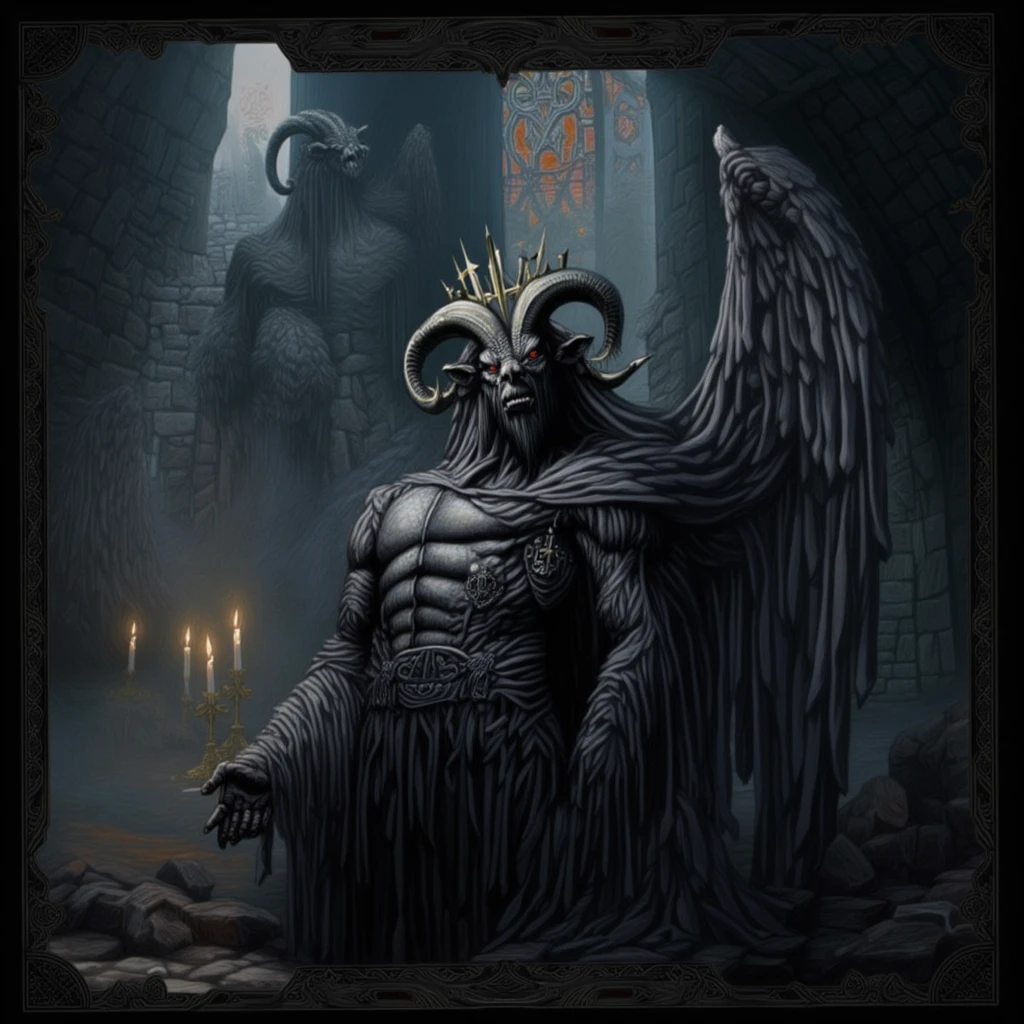 Baphomet sitting on his throne in hell with bloodied ground