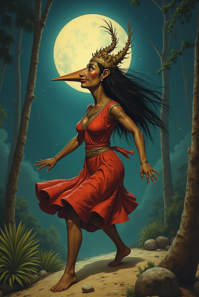 Ritual, [colorful|vibrant] drawing of a (Pagan Woman wearing goat skull mask), devil tail, seductive pose, Pentagram, religious symbolism, in dark fantasy forest, (wearing skimpy tribal clothing), beads, charms, bold colors, dynamic composition, (by Philippe Druillet and Hajime Sorayama:1.1)