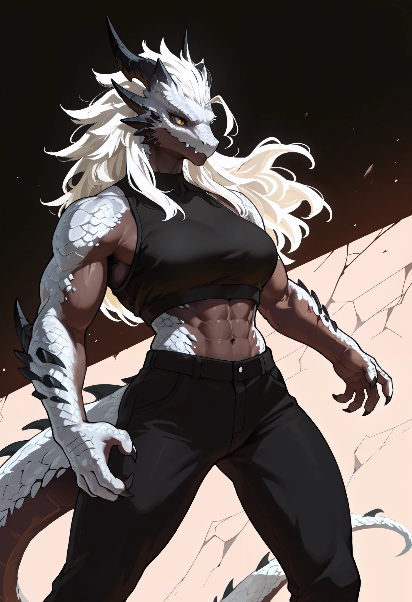 muscular creature, anthro dragon, dark horns, yellow eyes, short spiky white hair, black crop top, pants, sharp claws and scales, silver scales on arms and legs, calm pose, athletic, posed in a dynamic stance,dark skin tone, BREAK background is simple and muted, with a gradient effect and soft, neutral tones.