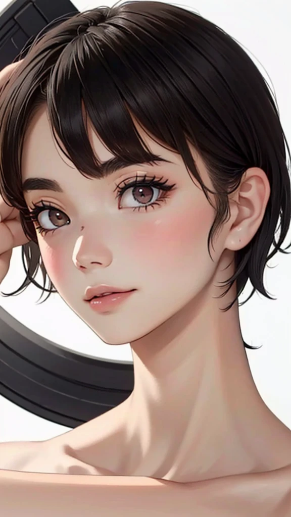 (((masterpiece, best quality, ultra highres, 1 girl, solo, no background))), super detailed skin and face and eyes and finger, beautiful japanese woman, small breasts:1.5, skinny, light brown hair, white background, very short hair, (an illustration of girl), Knee shot, Generate with illustrations, Various expressions, Various poses, Various Costumes, 