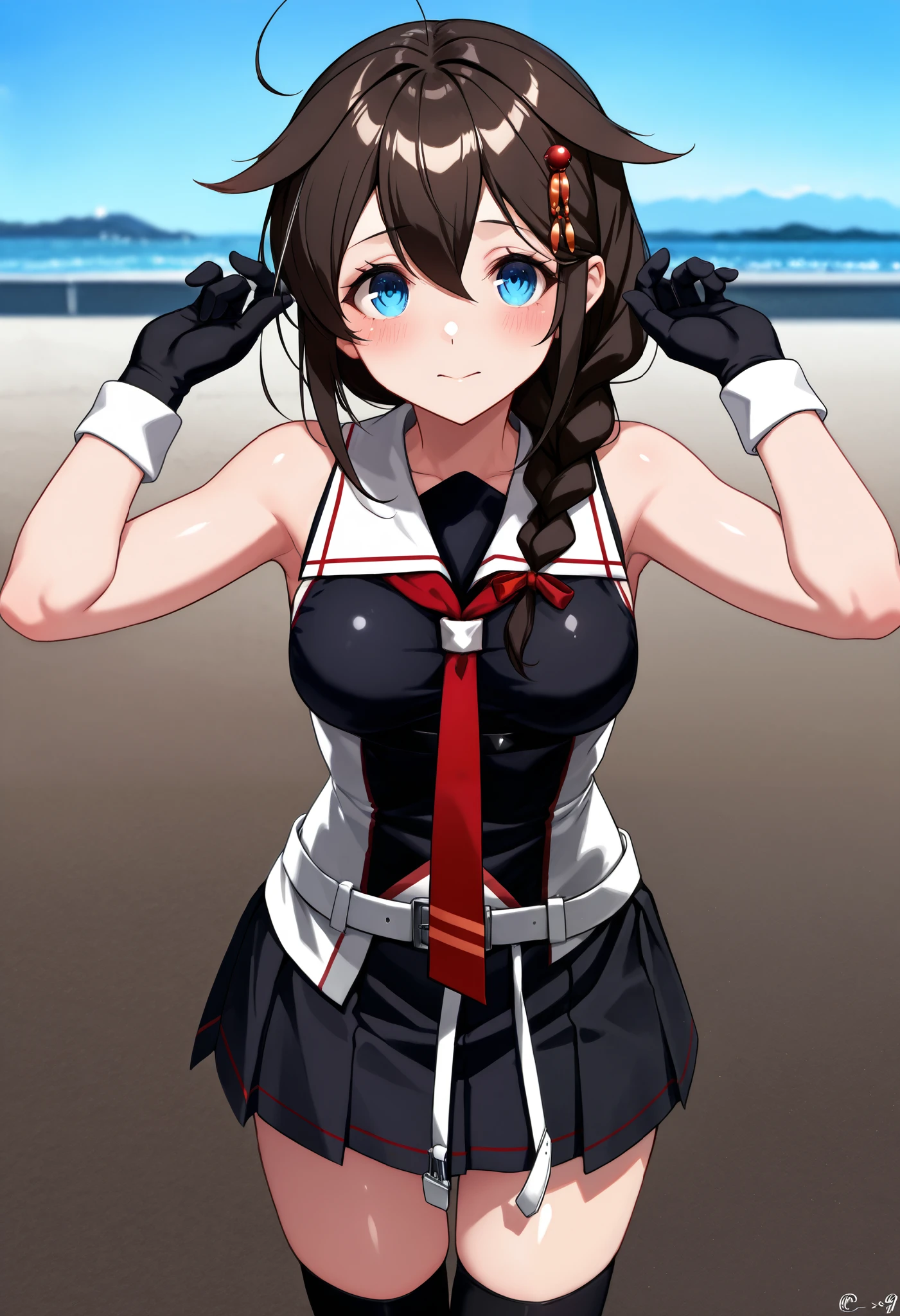 Sigure_Kaizo_kantai collection, KanColle_Shigure, KC,score_9, score_8_up , score_7_up , 8K high resolution ( very detailed ), masterpiece, ( best quality ) animated illustration, detail eyes, detailed face detailed hands thin hair very detailed本文 、 fine skin one girl , long hair、brown hair、 hair ornament、 、 pleated skirt、black、 black high socks fingertip gloves 、 black skirt 、 sleeveless shirt、 single braids、red tie、two-tone shirt、 shoulder hanging hair 、 hair flap、White Belt (chest) a gentle expression Blue sky background
