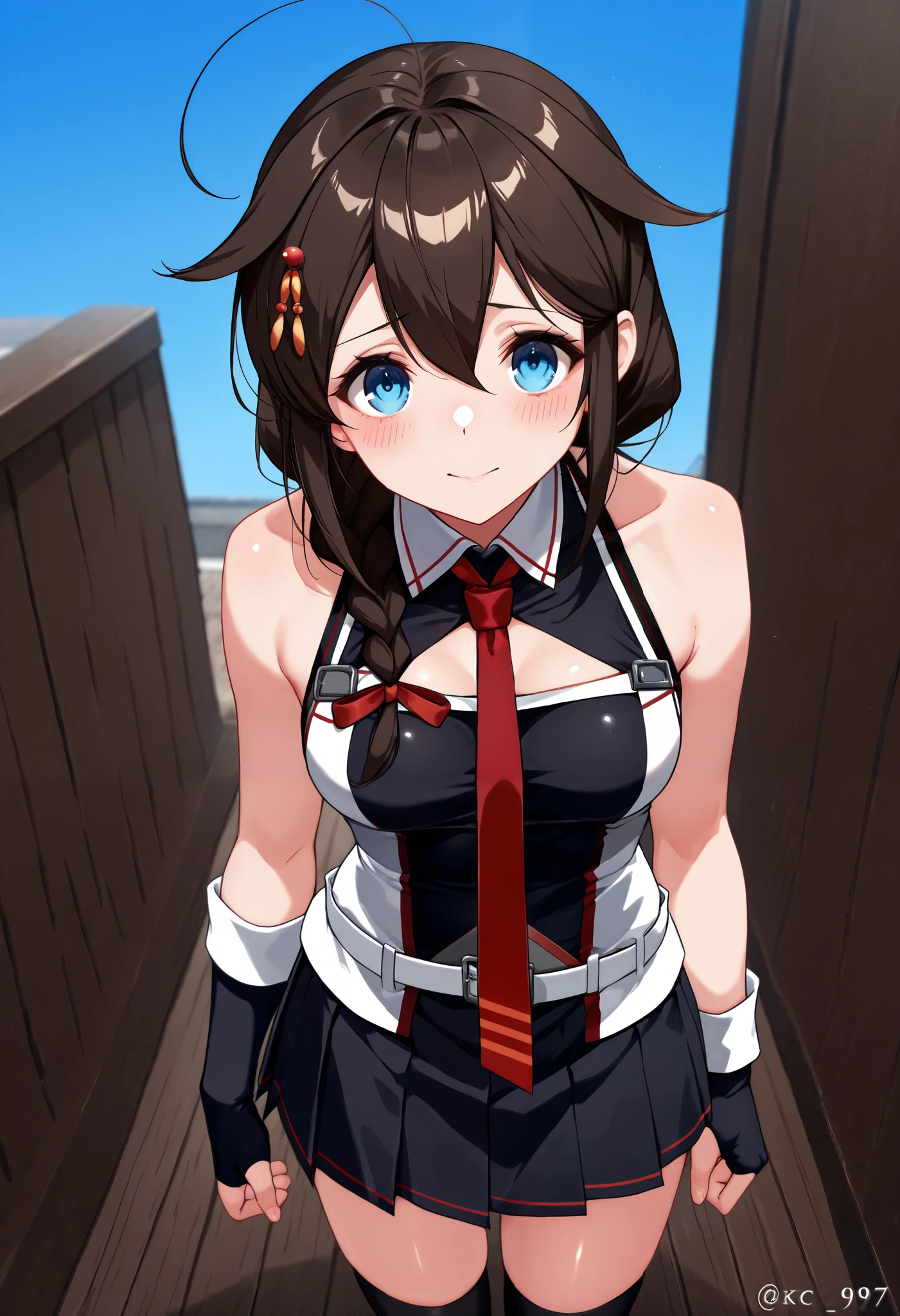 Sigure_Kaizo_kantai collection, KanColle_Shigure, KC,score_9, score_8_up , score_7_up , 8K high resolution ( very detailed ), masterpiece, ( best quality ) animated illustration, detail eyes, detailed face detailed hands thin hair very detailed本文 、 fine skin one girl , long hair、brown hair、 hair ornament、 、 pleated skirt、black、 black high socks fingertip gloves 、 black skirt 、 sleeveless shirt、 single braids、red tie、two-tone shirt、 shoulder hanging hair 、 hair flap、White Belt (chest) a gentle expression Blue sky background