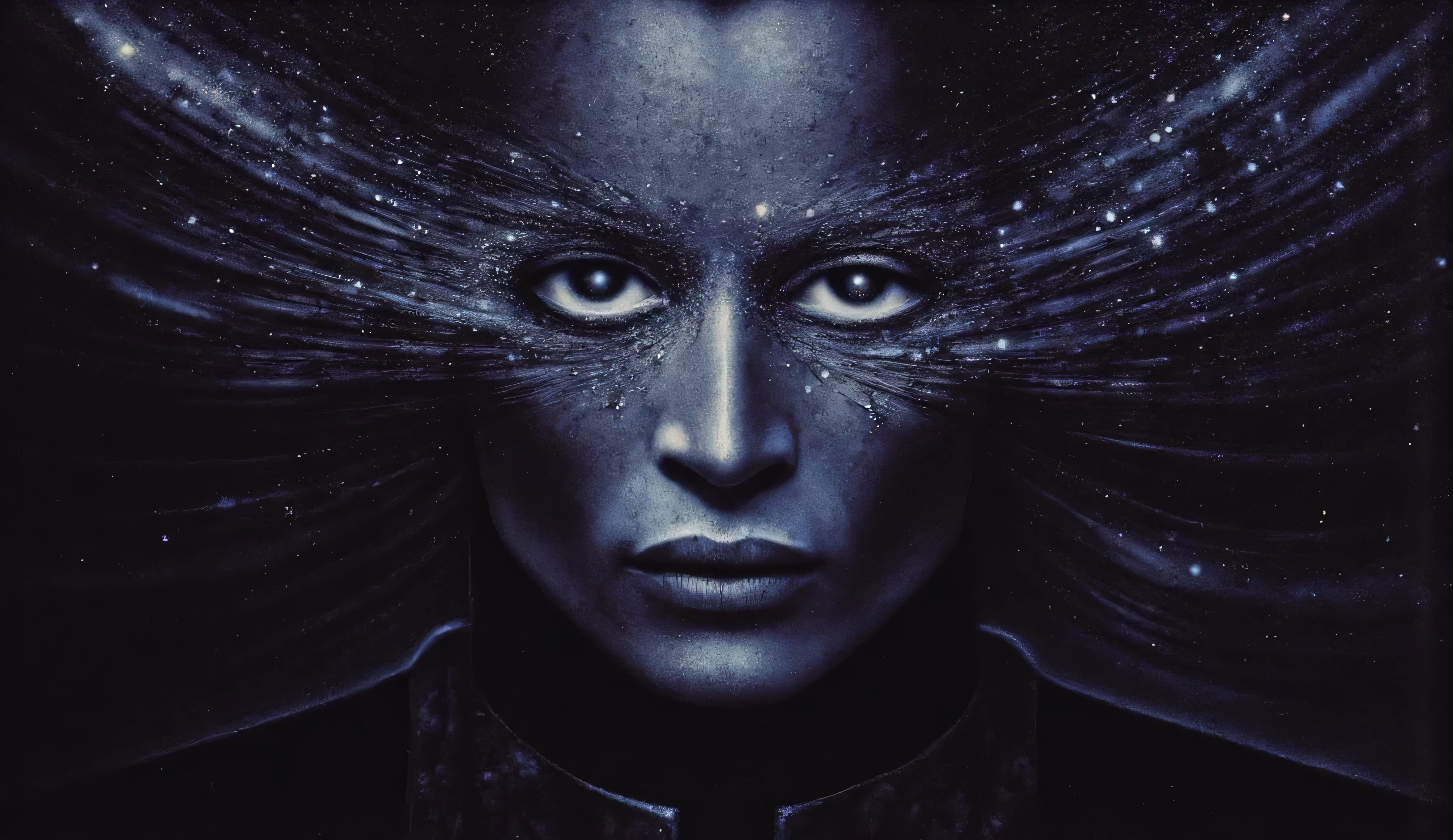 a man's face. His eyes are black cosmic holes. black background, stars