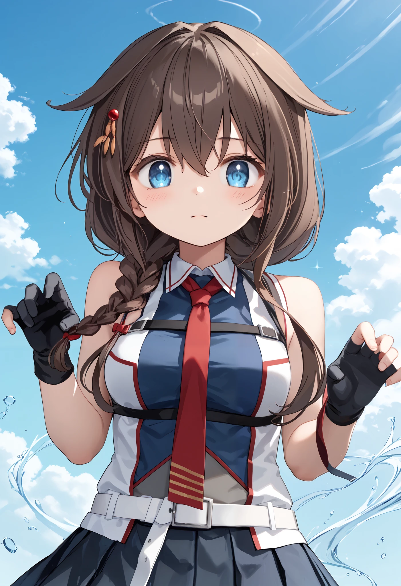 Sigure_Kaizo_kantai collection, KanColle_Shigure, KC,score_9, score_8_up , score_7_up , 8K high resolution ( very detailed ), masterpiece, ( best quality ) animated illustration, detail eyes, detailed face detailed hands thin hair very detailed本文 、 fine skin one girl , long hair、brown hair、 hair ornament、 、 pleated skirt、black、 black high socks fingertip gloves 、 black skirt 、 sleeveless shirt、 single braids、red tie、two-tone shirt、 shoulder hanging hair 、 hair flap、White Belt (chest) a gentle expression Blue sky background