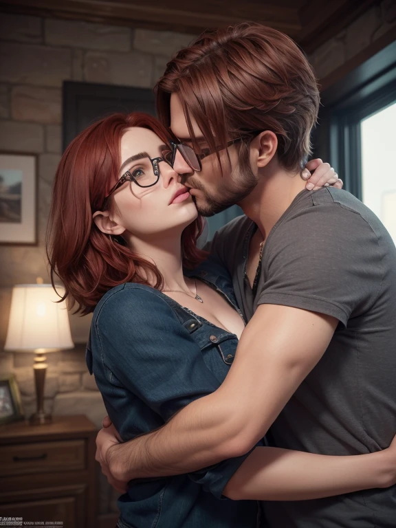 casal de namorados, nerdy boy with glasses and brown hair and very pretty orange redhead