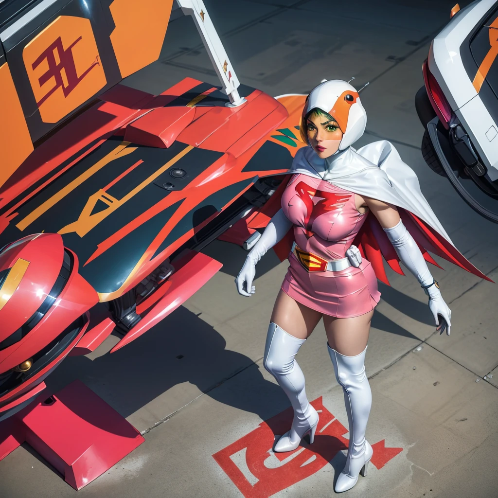 ANI_CLASSIC_jun_gatchaman_ownwaifu,1girl, 15yo,good anatomy, masterpiece, best quality,realistic, hyperrealistic, 16k hdr, long hair,breasts,green eyes,lips,large breasts,lipstick,makeup,gloves,cape,helmet,belt,elbow gloves,white gloves,mask,ultra miniskirt,leotard,spacesuit,white tight overknee highheels boots,pink dress,superhero,bodysuit,cleavage,erected nipples,(sexy pose,view from above),(spread legs:1.1),cameltoe