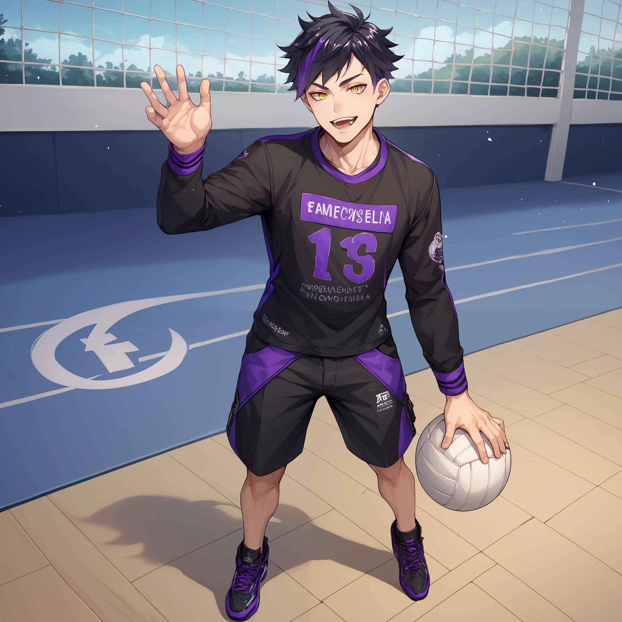 Anime man with thin black hair, yellow sharp eyes, emotionless and cold personality. Has one purple highlight, solo, full body, playing volleyball