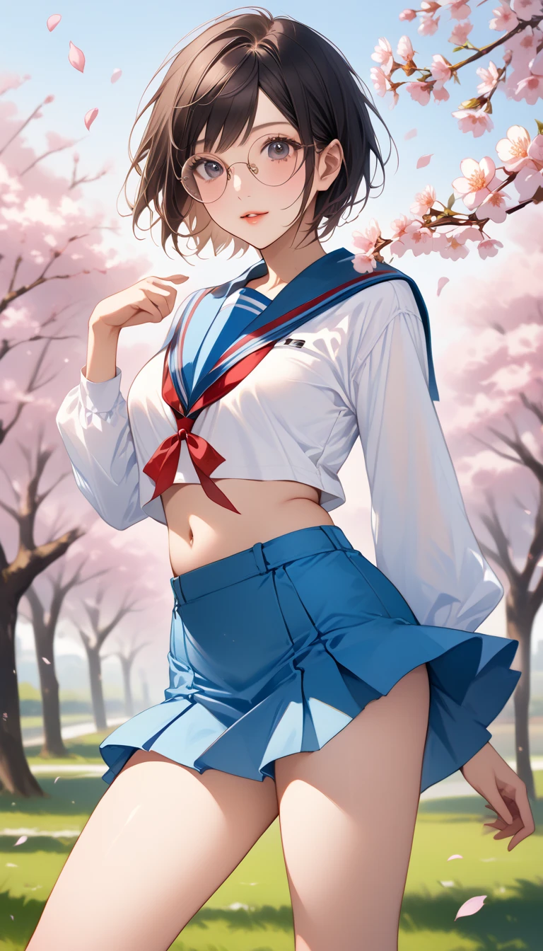 (Tabletop), (highest quality), 超A high resolution, Professional artwork, Ultra-detailed, Complex, Detailed face, Perfect Lighting, (One Girl), kasugano sakura, Brown eyes, Brown Hair, short hair, bangs, Ahoge, head band, serafuku, Puffy sleeves, Crop top, Yellow neckerchief, Pleated skirt, Fingerless gloves, Thighs Thighs Thighs Thighs, White socks, Red footwear, Cherry Blossom, Falling petals, Beautiful background, Medium chest, (Esbian all over:1.2), (Realistic:1.2), (realism:1.2), (Tabletop:1.2), (highest quality), Erotic pose, (Ultra-detailed), (Complex), (85mm), Light Particles, Lighting, (Very detailed:1.2), (Detailed face:1.5), (Gradation), SFW, colorful, (Fine grain:1.5), (Detailed Background), (The rule of thirds_composition:1.3), (Course of action:1.2), Wide Shot, Dawn, alone.、A nasty smile、Skirt flip、Red flower