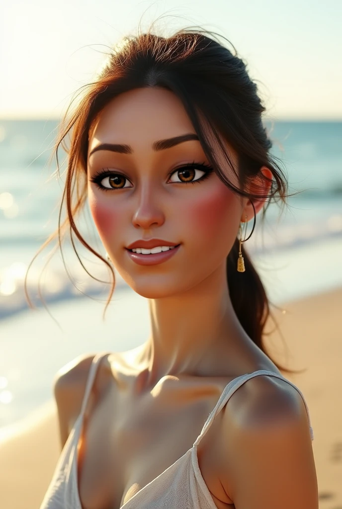 there is a woman standing ocean background, sheer golden pink see-through dress (breast), full body, long legs, kiss lips, 1 closed eye, full round pupils, portrait, soft portrait shot 8k, tropical flowers in front of woman, beautiful young face, detailed face of a asian girl, Canon EOS-1D X Mark III f/2.8, golden hour