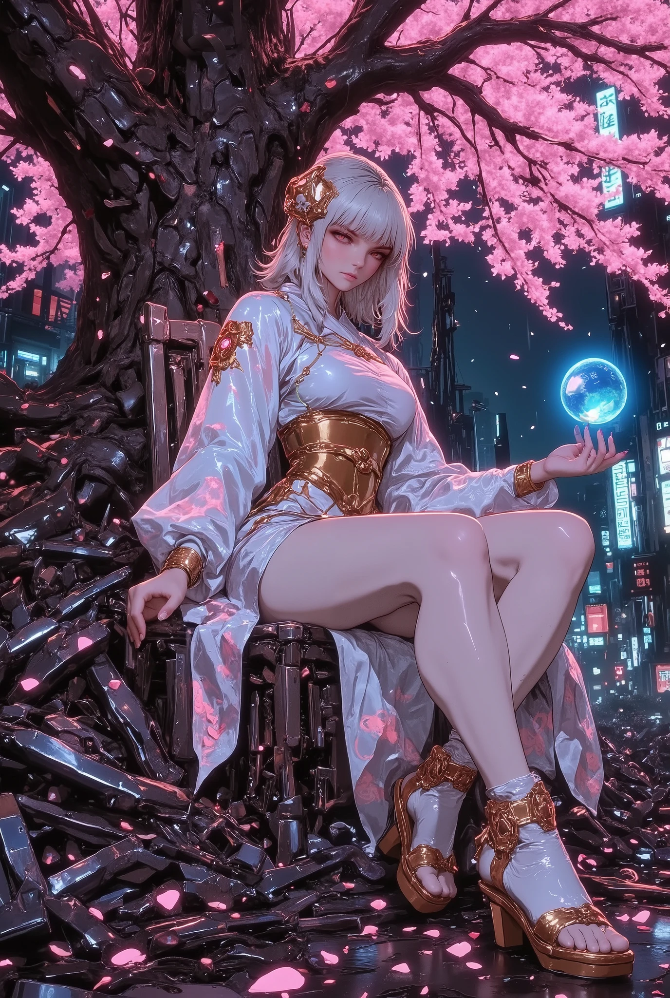 1girl ,sit cross-legged、 Mechanical cherry blossoms. Mechanical cherry blossoms. Cyber cherry blossoms.、sakuya hime,cowboy shot,Large cherry blossom trees 、kimono。skirt。 golden hair ornament 。cyberpunk。sandals。perfect anatomy。Woman sitting on a rubble chair。sit cross-legged。A blue magic sphere of light floats on my hand。The magic of regeneration、Magical Brilliance。 ruins at night、。Glowing dancing falling petals.、active angle。low angle。blue magic sphere。Contrast between the magic glow and the dimness of the night、Glowing dancing falling petals.
anime.XUER guangying.heroine、(masterpiece, detailed:1.2)、red eyes,G0thicL1nes、egmid,
,A large cherry tree.from below standing,from side ,side view,low angle,Woman leaning against cherry tree... .mini Skirt.foot focus,A cyberpunk reinterpretation of Konohanasakuya-hime, standing gracefully in the ruins of a neon-lit dystopian city. She wears a glowing high-tech kimono, blending traditional Japanese elegance with futuristic materials – semi-transparent fabric, luminous sakura-patterned threads, and chrome accents. Her long sleeves flutter with holographic petals, and her obi belt is embedded with circuit-like designs. Her hair is styled in an elaborate traditional updo, adorned with metallic sakura-shaped kanzashi. Around her, cherry blossoms bloom from piles of metal debris. Neon signs flicker in the background, reflecting off rain-soaked chrome. Pink petals drift through the air, creating a soft contrast to the cold urban wreckage. Cinematic lighting, volumetric light, atmospheric perspective, depth of field, 4K ultra-detailed.Gold hair ornaments、hand,beautiful eyes、(masterpiece, detailed:1.2),modernretroanime Anime c.anime art,cyberpunk ,, dimly lit night. Contrast between the woman and the dimness of the night. c.anime art,cyberpunk ,, dimly lit night. Contrast between the woman and the dimness of the night. Anime.XUER guangying.heroine、(masterpiece, detailed:1.2)、red eyes,modernretroanime、 Anime