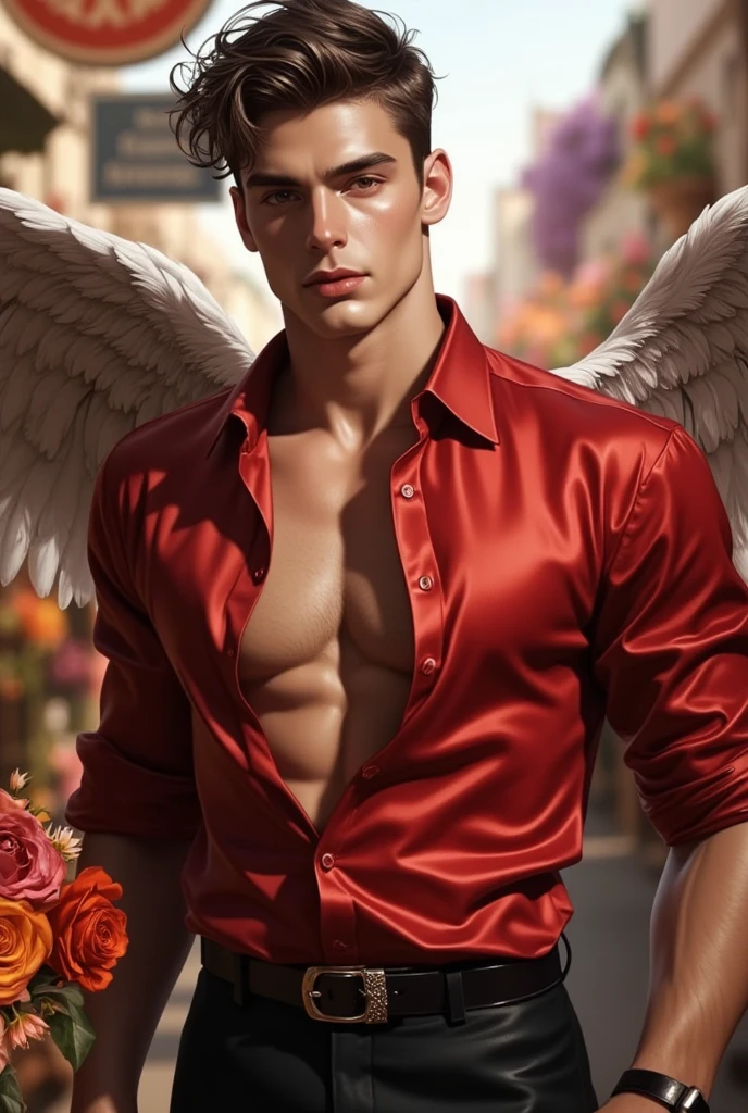 a strikingly muscular handsome young man, solo, extremely detailed facial features, (face: Matthew Daddario), (two large blood red wings: 1.5), (spreading his wings: 1.5), (white shirt and black brief, bulge: 1.2), (open shirt showcasing chest and abs: 1.5), gorgeous, beautiful, wet, perfect eyes, sexy gaze, (looking at the viewers romantically), perfect bare body, smooth skin, wide chest, largest breast, extremely large pectorals, big nipples, breathtaking grandeur, (toned physique: 1.5), (a hot gleam: 1.5) in his skin, in a blood field, levitating in the air above blood, (full body view), sexy posture, no pants, 