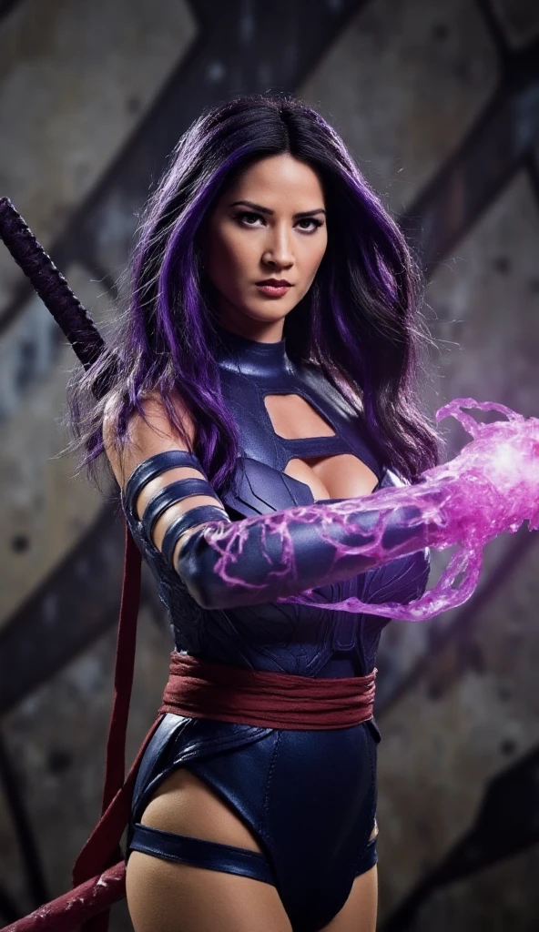 masterpiece, best quality, cinematic, volumetric lighting, very detailed, high resolution, sharp, sharp image, 4k, 8k, 35 mm,
<lora:Psylocke_OliviaMunn_smf_lora_v01-000004:0.9>, 1girl, o1iv1p8y10c-smf, long hair, solo, black hair, gloves, bare shoulders, breasts, sash, realistic, elbow gloves, closed mouth, torn clothes, cowboy shot, medium breasts, looking at viewer, psy10ck0utf1t, sword, purple energy sword