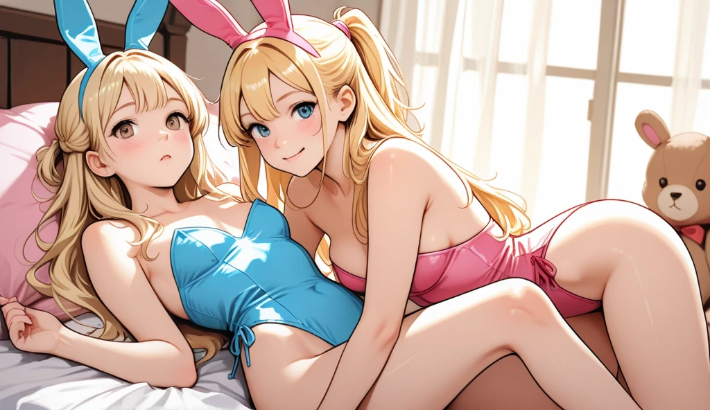 Princess Peach in pink lingerie, Princess Zelda in blue lingerie and Asuna Yuki in white lingerie, the three of them lying on a bed in different sexy positions, while masturbating, they make ahegao
