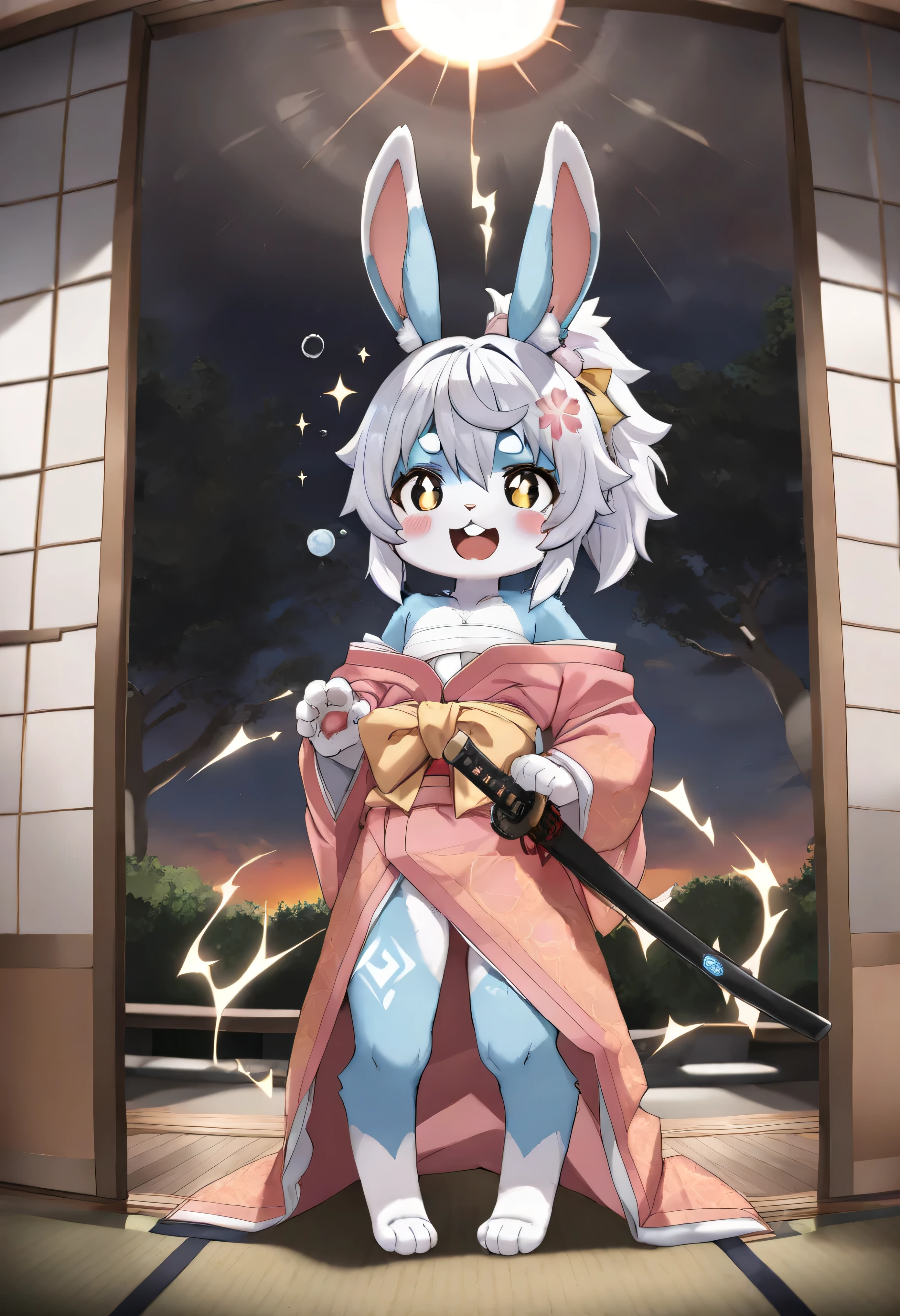 [KuroRabbi🐰] [Theme 🌸 - Sakura Goddess] [Generate Draft Test*] - masterpiece quality, masterful, mythical, beautiful, japanse room, indoor, window beautiful view scenery, solo, KuroRabbi, rabbit_anthro, DTkr, furs, buckteeth, slender, blue fur, white_hair, hair floawing, sakura tree falls, under the sakura tree, sakura samurai_goddess, yellow_electric magic, electric slight_aura, electric/thunder aura, correcting (paw, hand with 4 fingers), (paw, feet with 3 toe), Shining Runes Sparkling aura , Mysterious Spells , Sparkling Energy , Mysterious katana, Glowing Mott , Glowing Seal , Otherworldly Chanting , Mysterious Symbolism 、[New_Step]: (standing at the right of portrait), sakura falling landscape、sunset Scene、A beautiful , DTkr with Camellia pattern、Bust Shot、samurai standing with sunset scenery, Highest quality、white hair, Hair is snowy_white and in a ponytail, posing with tree, the cutest real in the world, (cutest face, coolest sleepy dominance),(very thin:1.3), Beautiful and innocent, flat chest, A standard Japanese_samurai kimono in pink/white/black/red with a camellia pattern, wearing chest wraps, slightly one_off shoulder, rosy cheeks, 