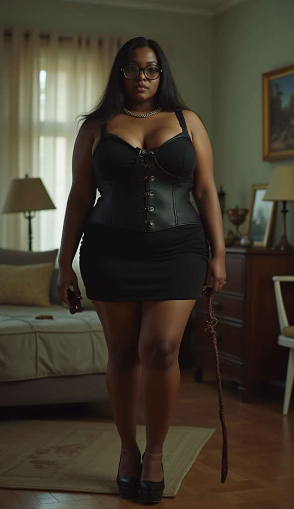 wide angle image of a black woman, front view, dressed like a maid, enormous breasts, big ass, high heels, slutty, seductive pose, exited angry face, spread legs, standing in large living room, stockings, high garter, joy,
