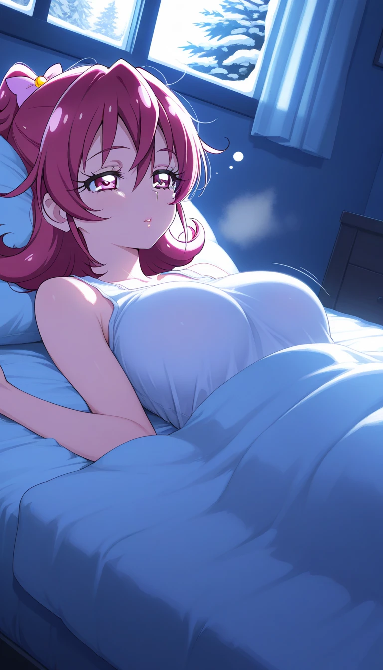 A woman, forty years old, Beautiful figure,plump breasts,Black underwear highlights the plump, And a plump ass, Lying in bed. Her dark red hair was tied into a long ponytail.., freckles on face. Even though he has his back to the audience, Her smile and wink are still clearly visible, Add a touch of glamour to her look. She gently pulled the quilt over her., Create an intimate and cozy feeling in a dimly lit bedroom.
